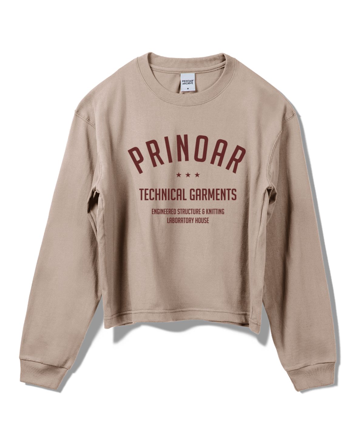 프리노어(PRINOAR) 아치 로고 세미 크롭 긴팔 티셔츠 - 진저베이지