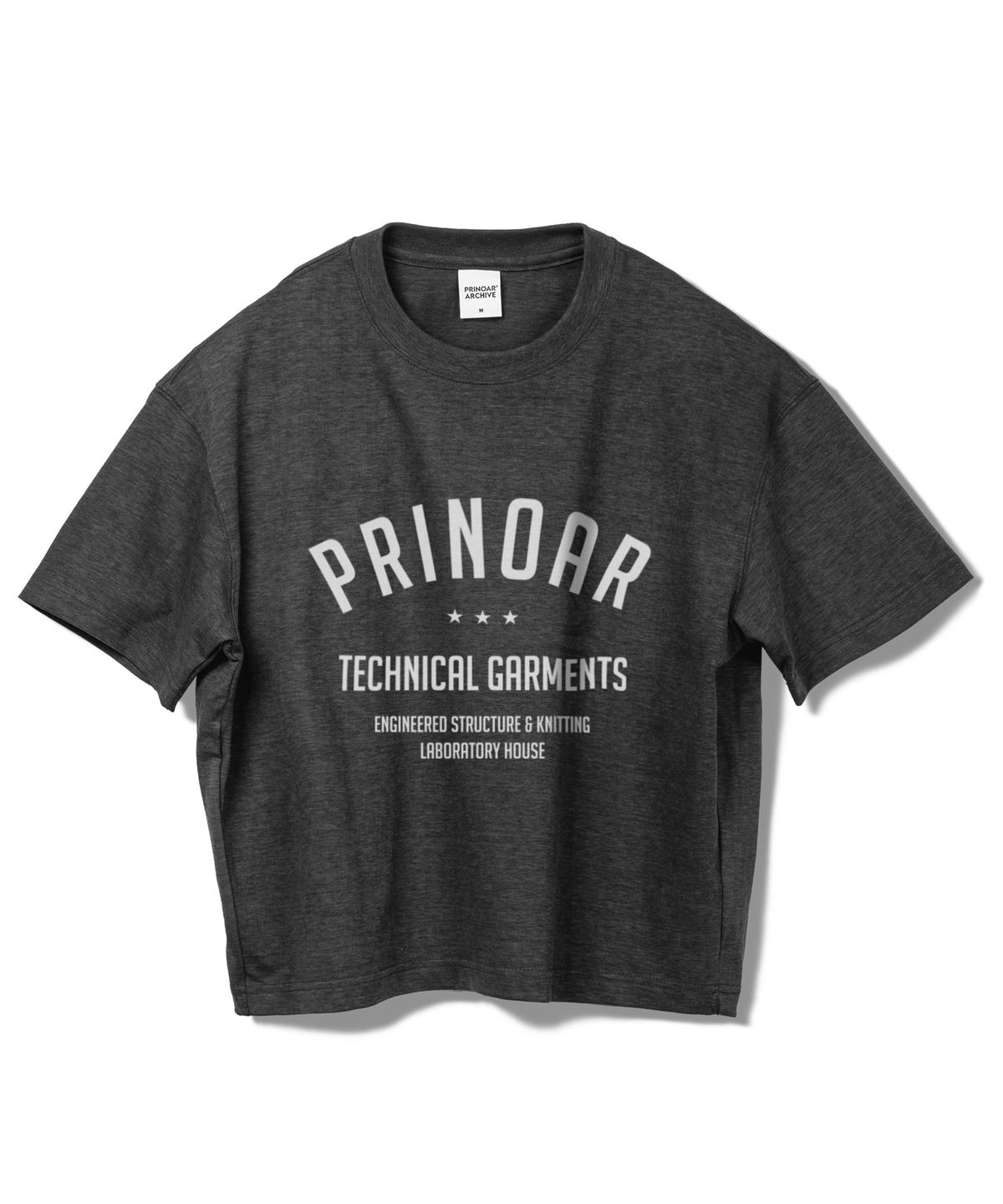 프리노어(PRINOAR) 아치 로고 세미 크롭 반팔 티셔츠 - 차콜