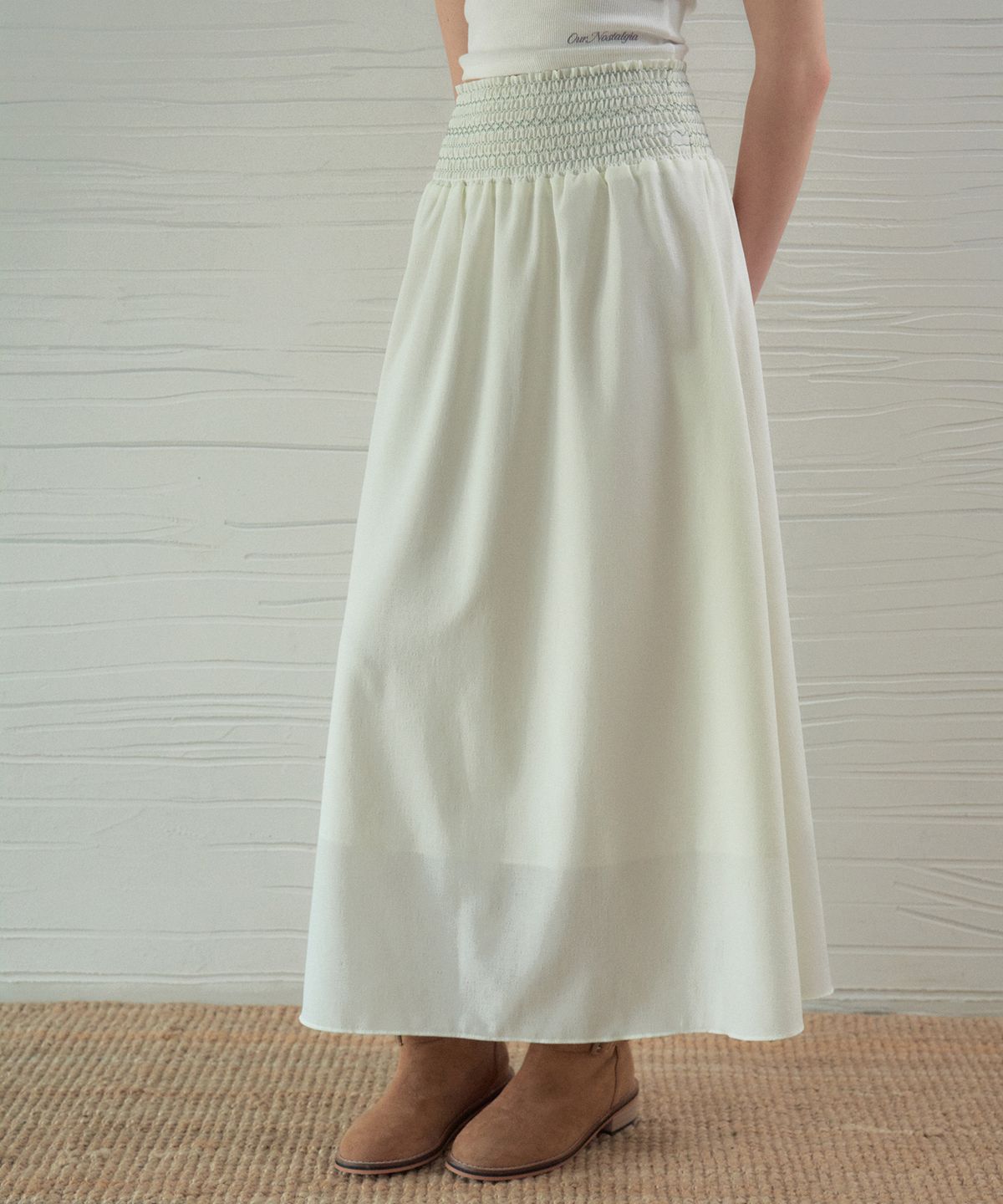 아우어노스텔지아(OURNOSTALGIA) Linen Smocked Skirt_Cream(OB6SK06)