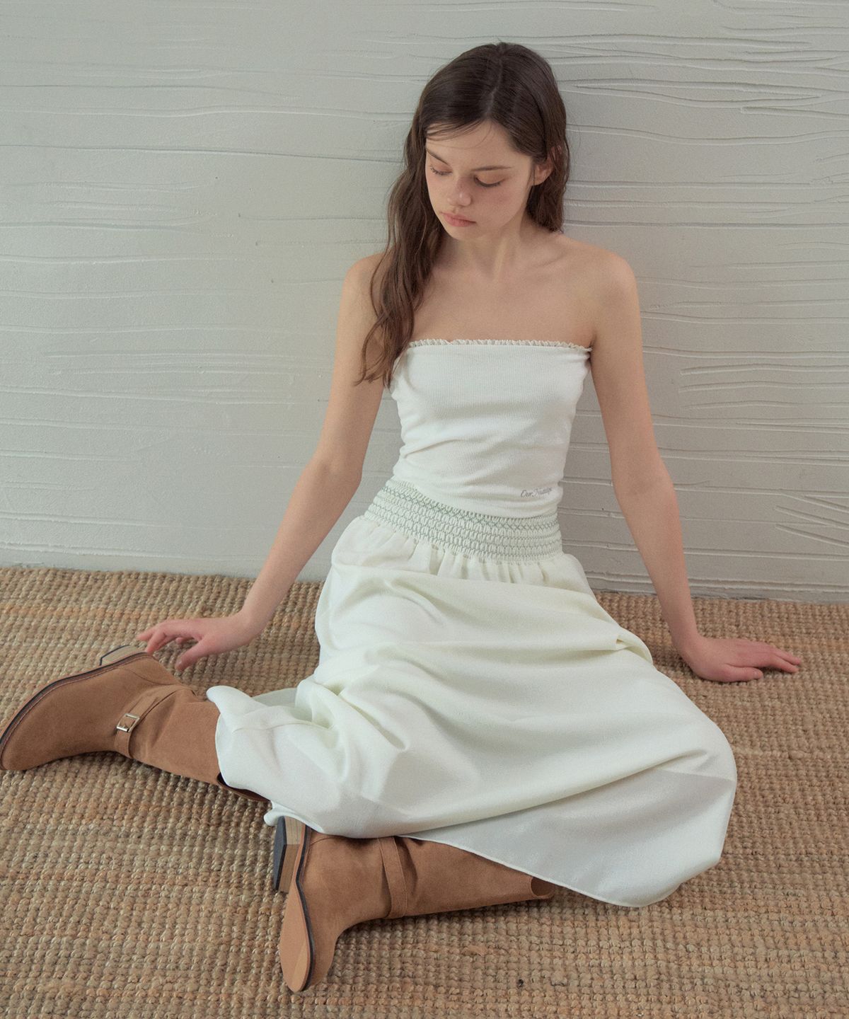 아우어노스텔지아(OURNOSTALGIA) Linen Smocked Skirt_Cream(OB6SK06)