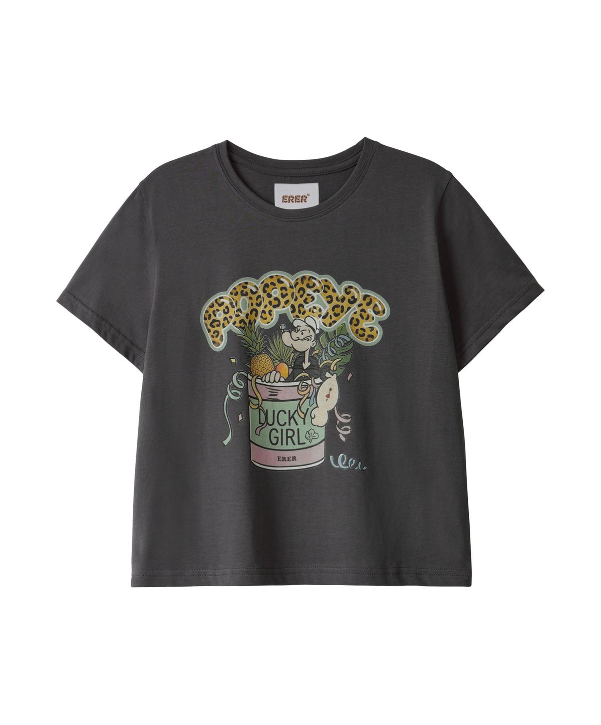 에르에르(ERER) Cropped Leopard Popeye Graphic T-Shirt Charcoal