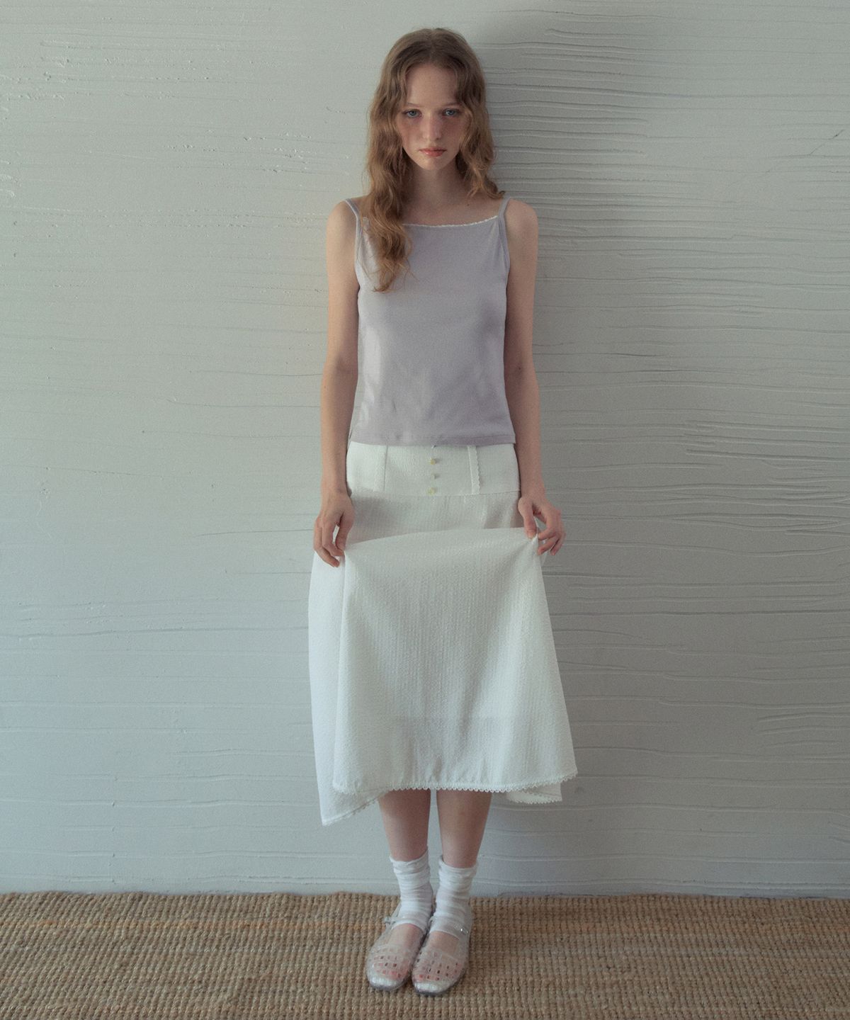 아우어노스텔지아(OURNOSTALGIA) Beni Lace Check Button Skirt_White(OB6SK13)
