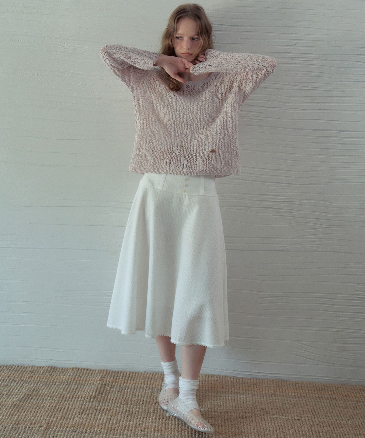 아우어노스텔지아(OURNOSTALGIA) Beni Lace Check Button Skirt_White(OB6SK13)
