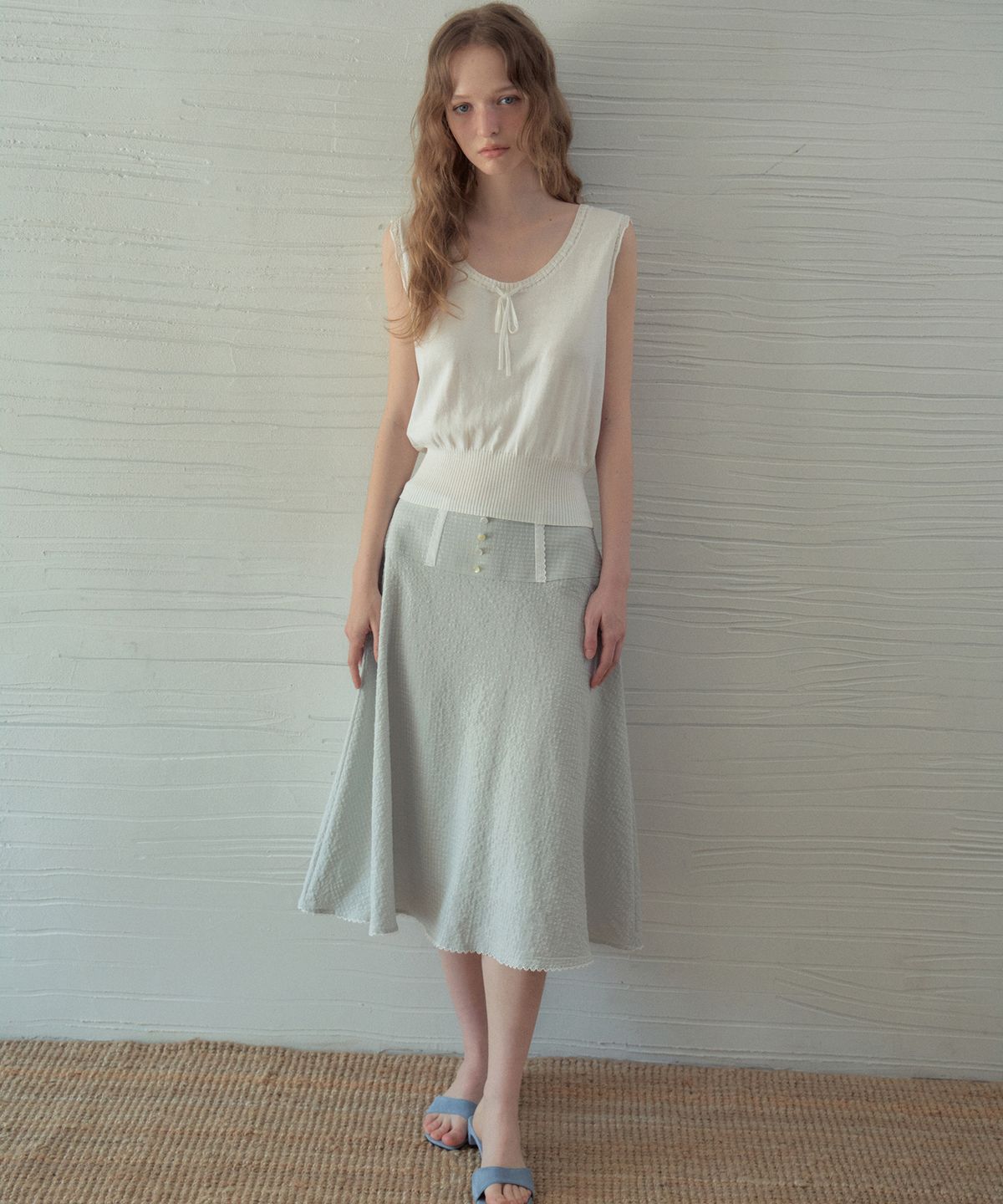 아우어노스텔지아(OURNOSTALGIA) Beni Lace Check Button Skirt_Light Blue(OB6SK13)