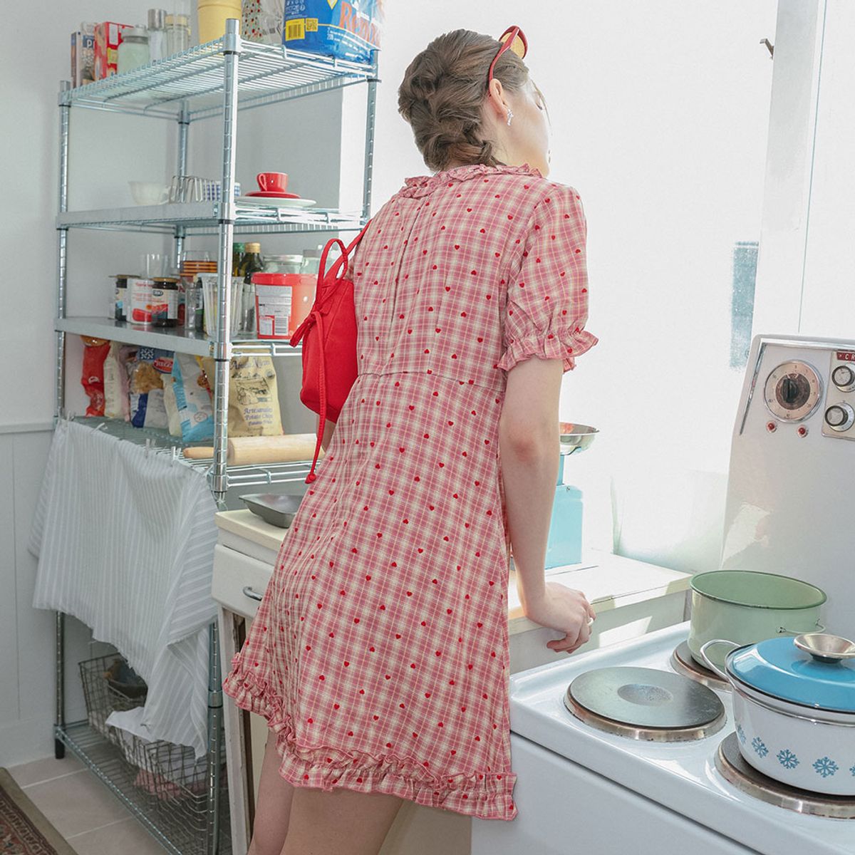 던드롭(DUNDROP) DD_Heart check frill mini dress_RED