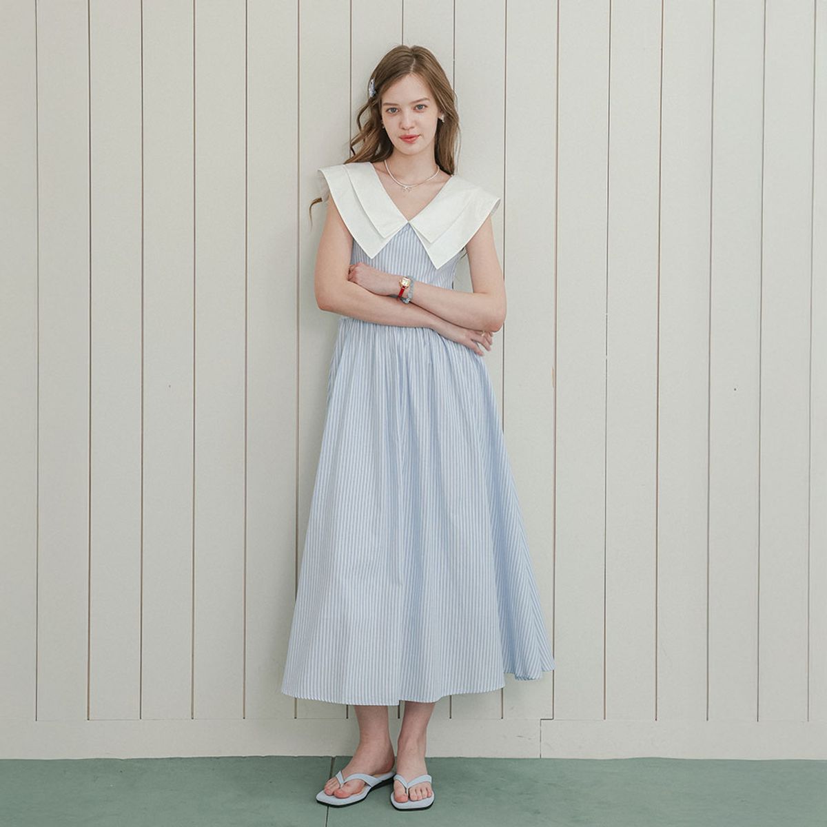 던드롭(DUNDROP) DD_Big collar stripe dress_BLUE