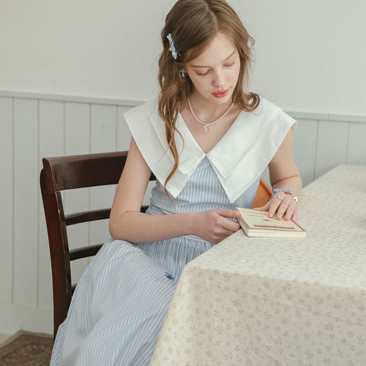 던드롭(DUNDROP) DD_Big collar stripe dress_BLUE