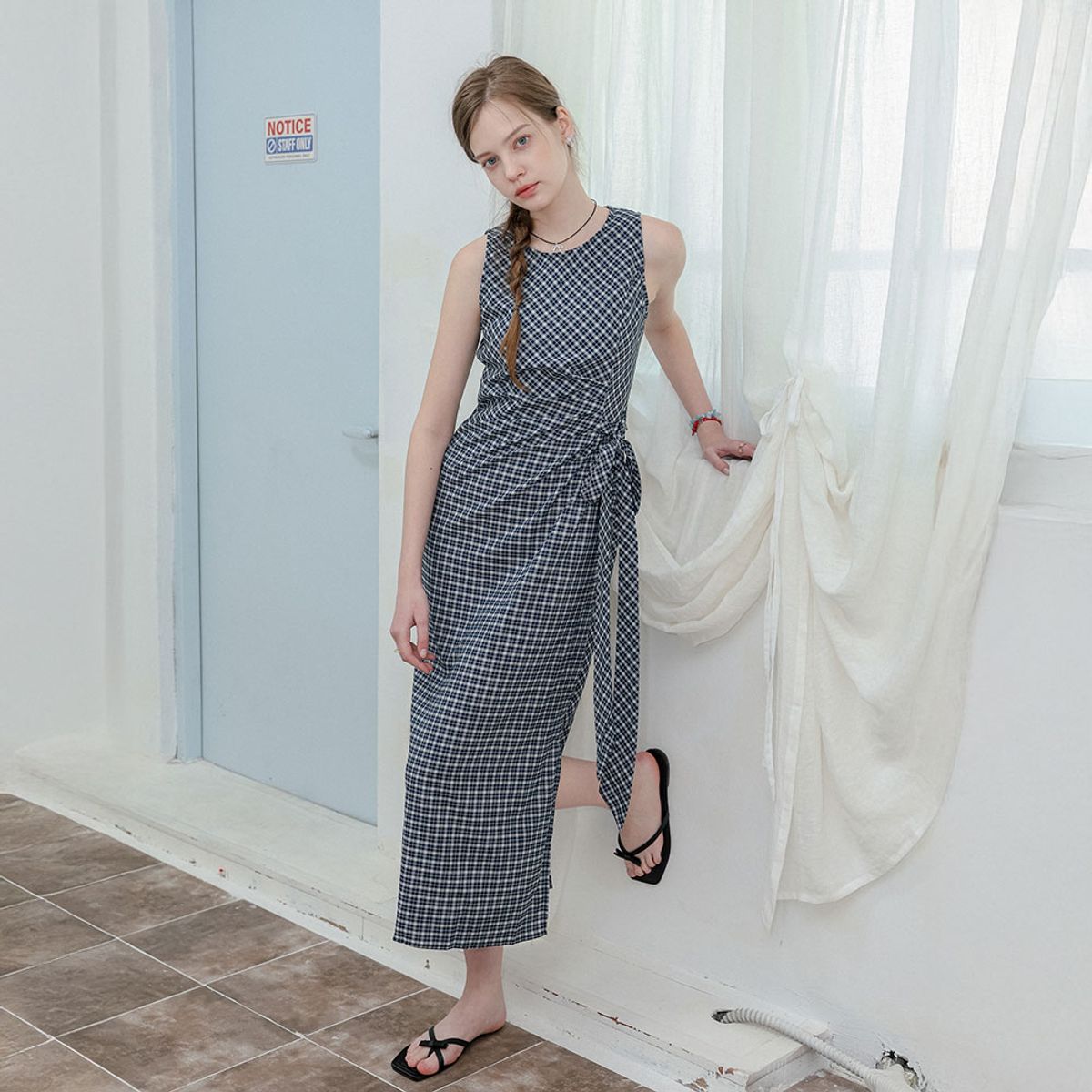 던드롭(DUNDROP) DD_Check wrap sleeveless dress_2color