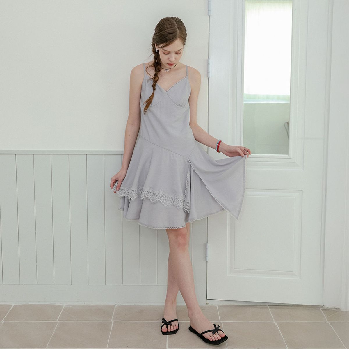 던드롭(DUNDROP) DD_Lace hem slip flowy cami dress_PURPLE