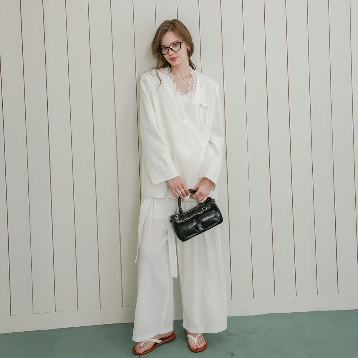 던드롭(DUNDROP) DD_Casual chic lace jacket and pants set_WHITE