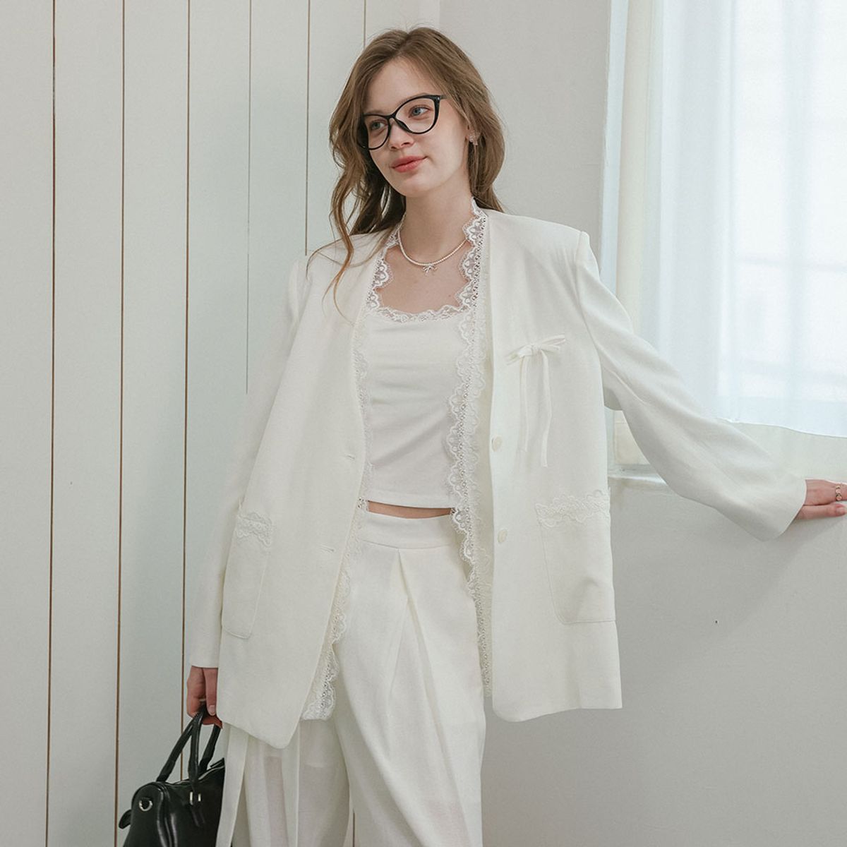 던드롭(DUNDROP) DD_Casual chic lace jacket and pants set_WHITE