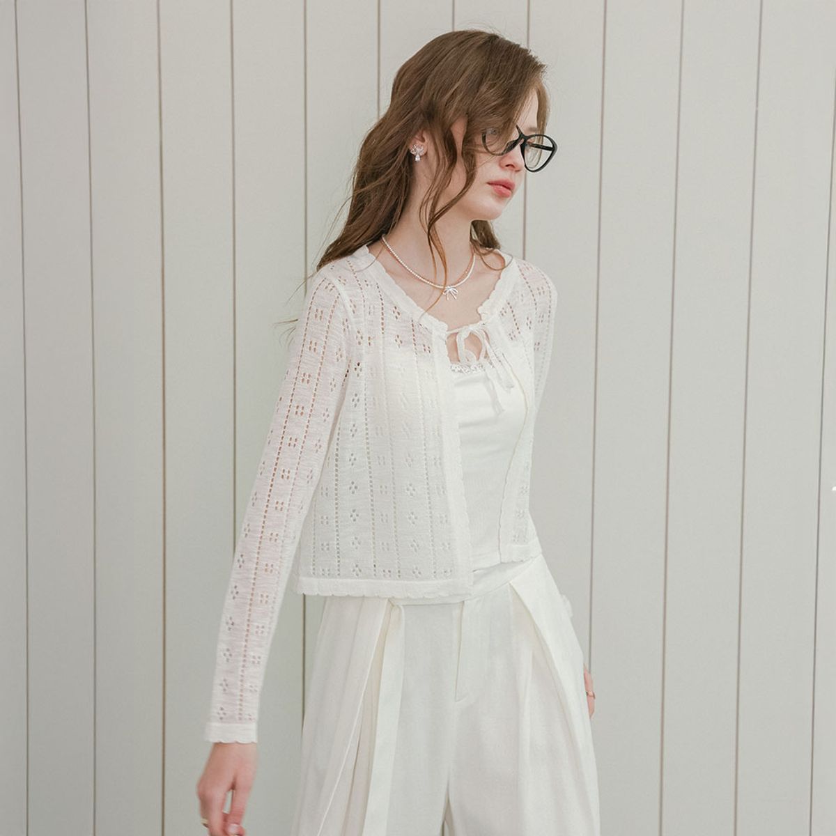 던드롭(DUNDROP) DD_Soft ribbon eyelet cardigan_3color