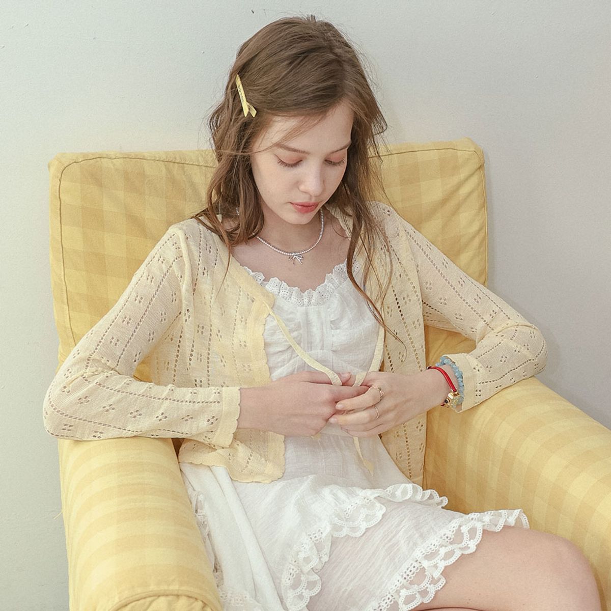 던드롭(DUNDROP) DD_Soft ribbon eyelet cardigan_3color