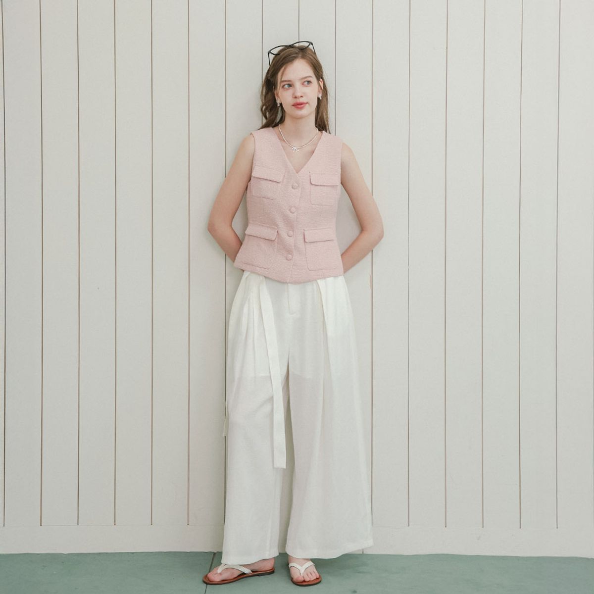 던드롭(DUNDROP) DD_Button tweed sleeveless vest_PINK