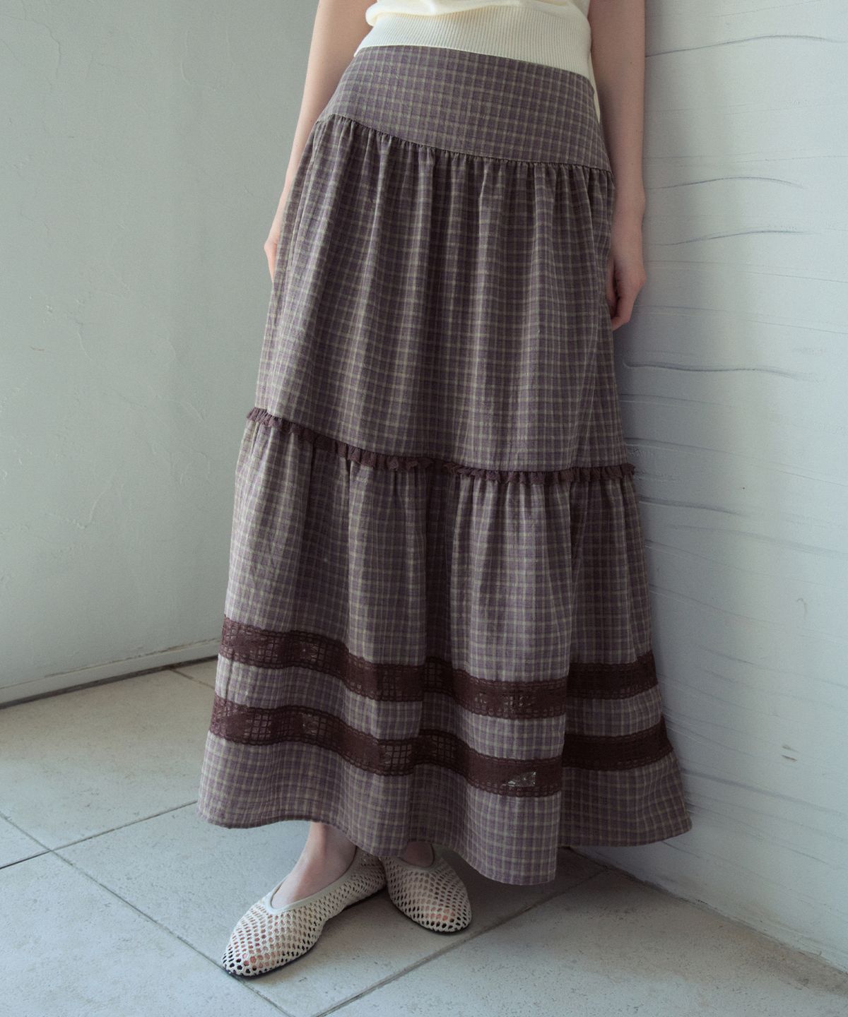 아우어노스텔지아(OURNOSTALGIA) Mora Lace Check Tiered Skirt_Dark Purple(OB6SK14)