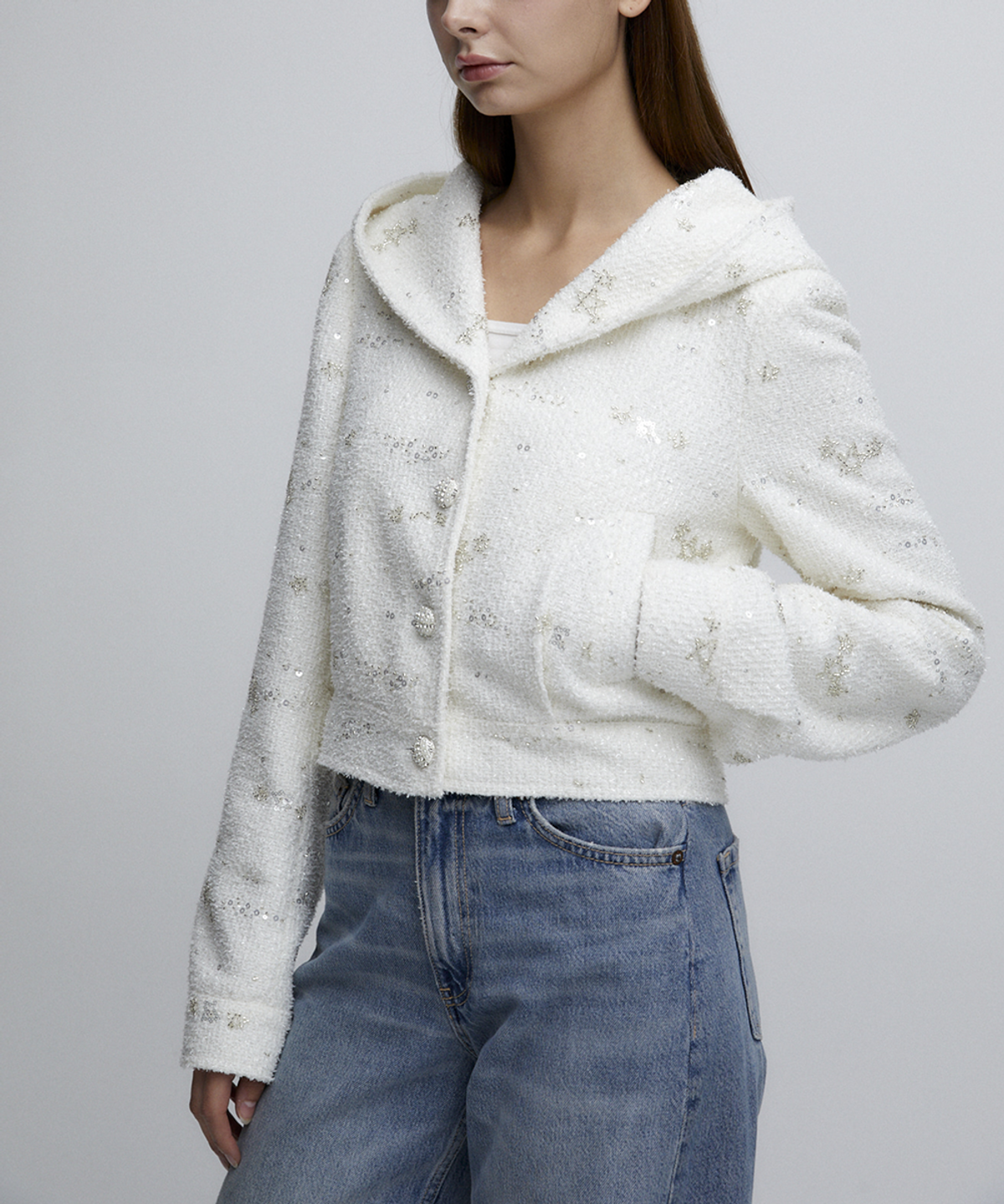 알리에나(ALIENAR) beaded tweed hood jacket
