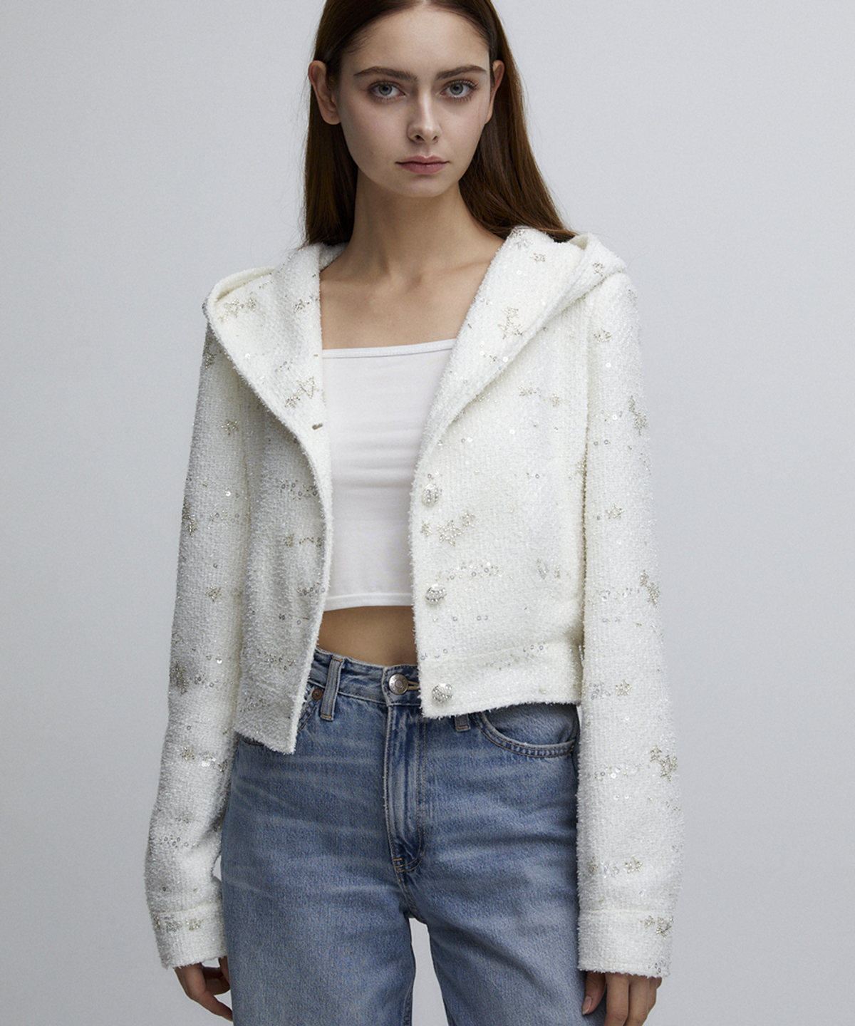 알리에나(ALIENAR) beaded tweed hood jacket