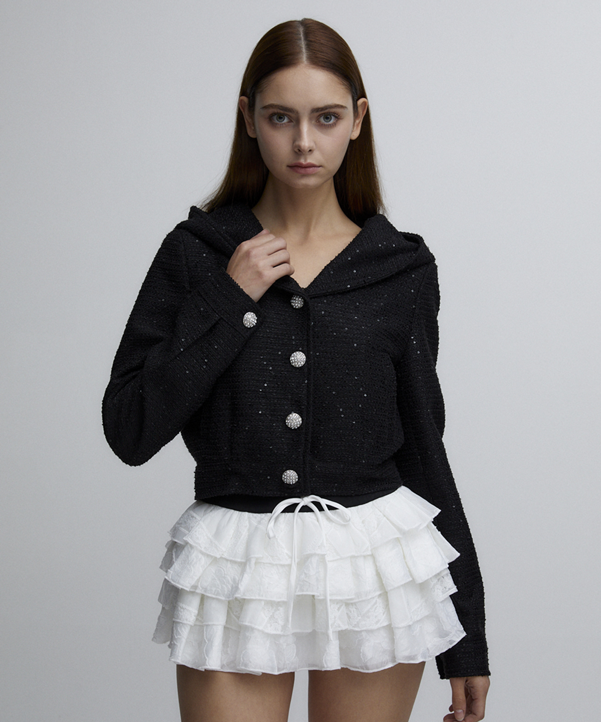 알리에나(ALIENAR) Milky Way tweed hood jacket