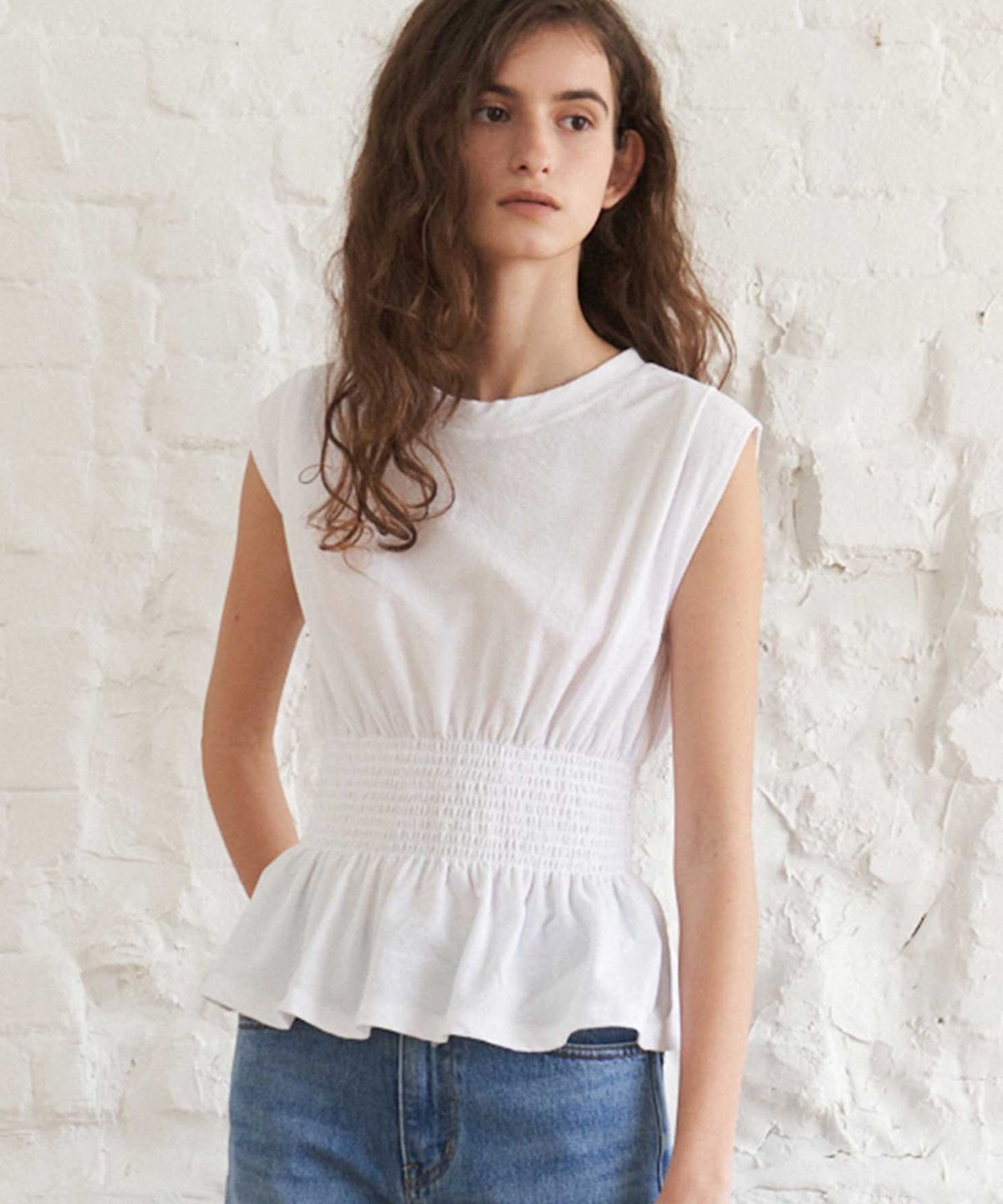 더라이(THERYE) Shirred Waist Top(White)