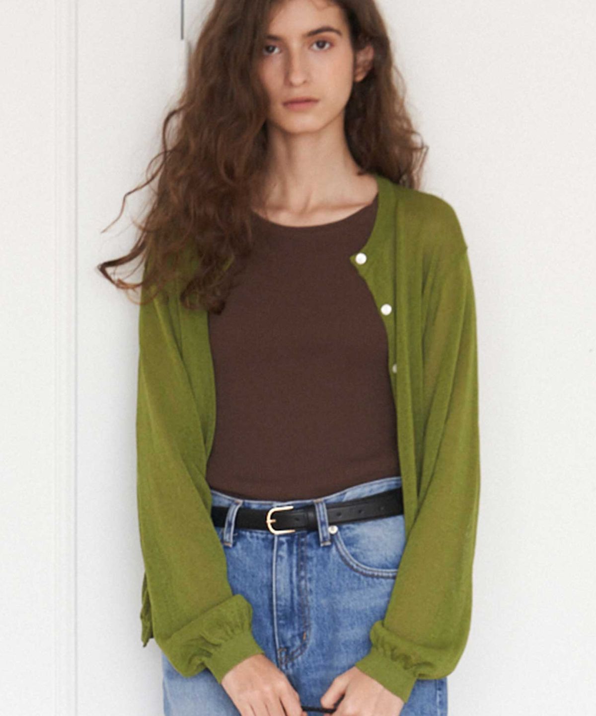 더라이(THERYE) Oversized Sheer Cardigan(Olive)