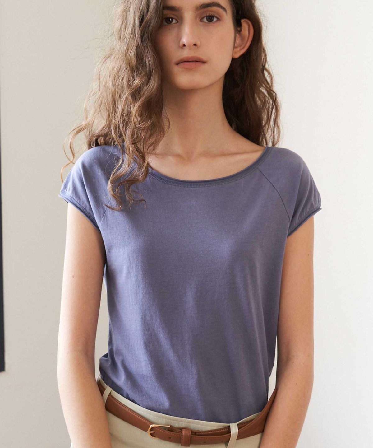 더라이(THERYE) Round Neck Cap Sleeve T-Shirt(Purple)