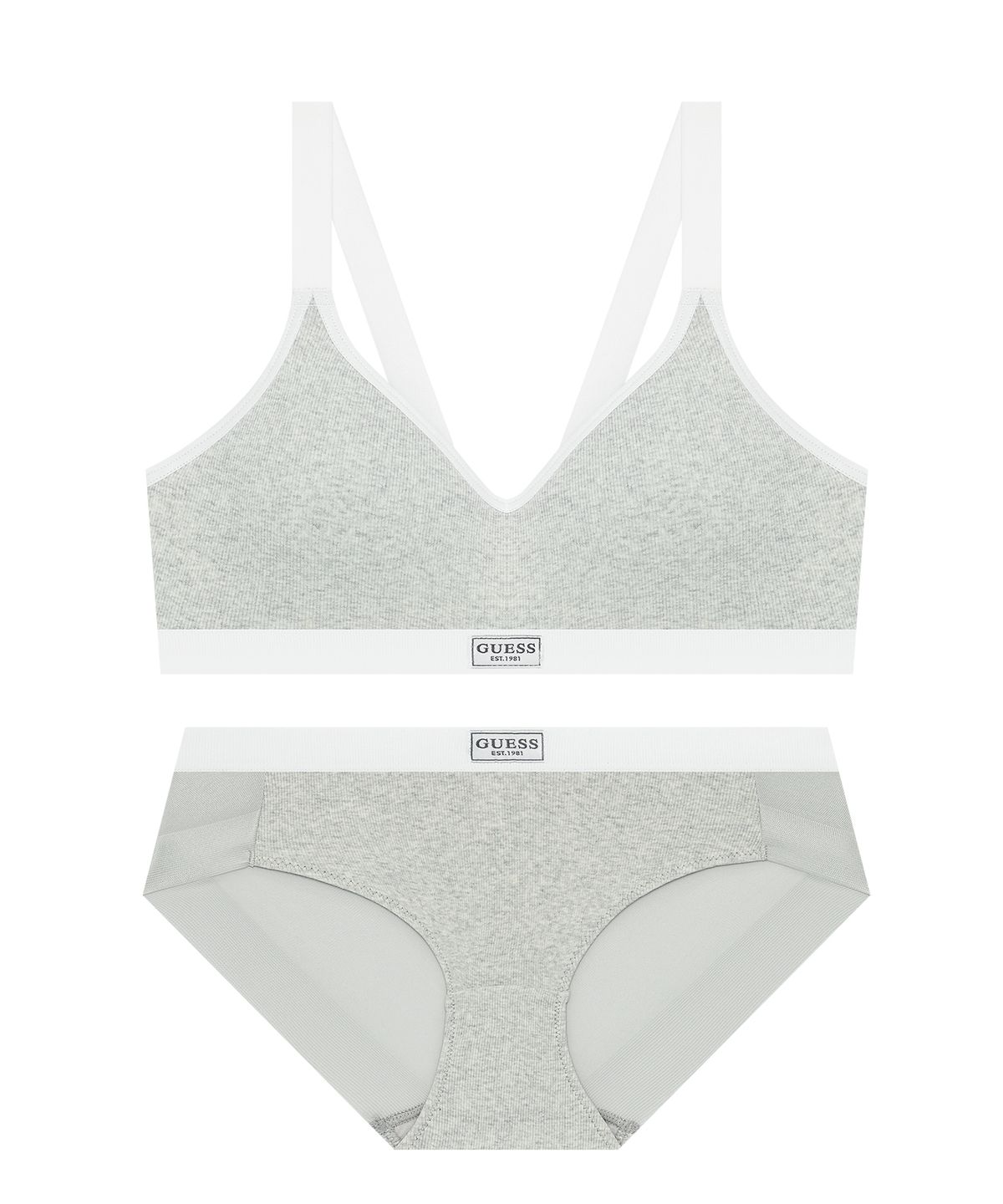 게스언더웨어(GUESS UNDERWEAR) 헤더 골지 스포츠 브라 팬티 세트 - 멜란지그레이