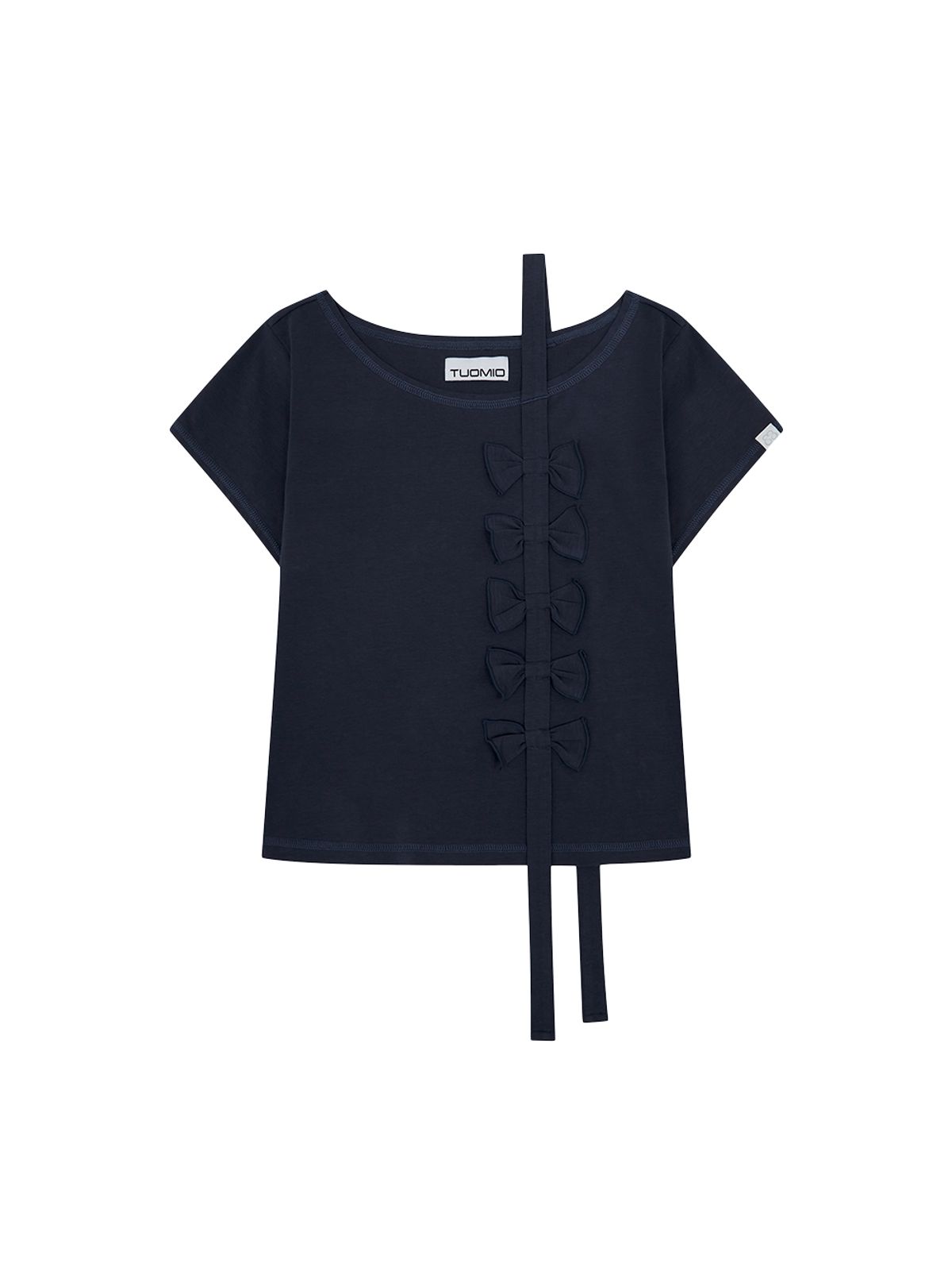 뚜오미오(TUOMIO) RIBBON OFF SHOULDER T-SHIRT [NAVY]