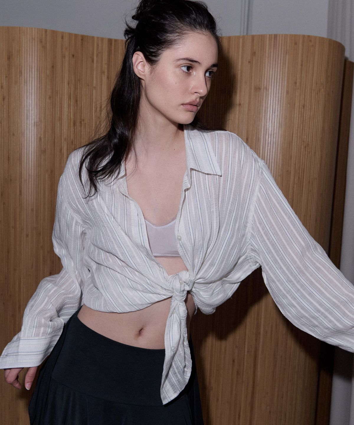 앤니즈(ANDNEEDS) Flow stripe sheer shirt (white)