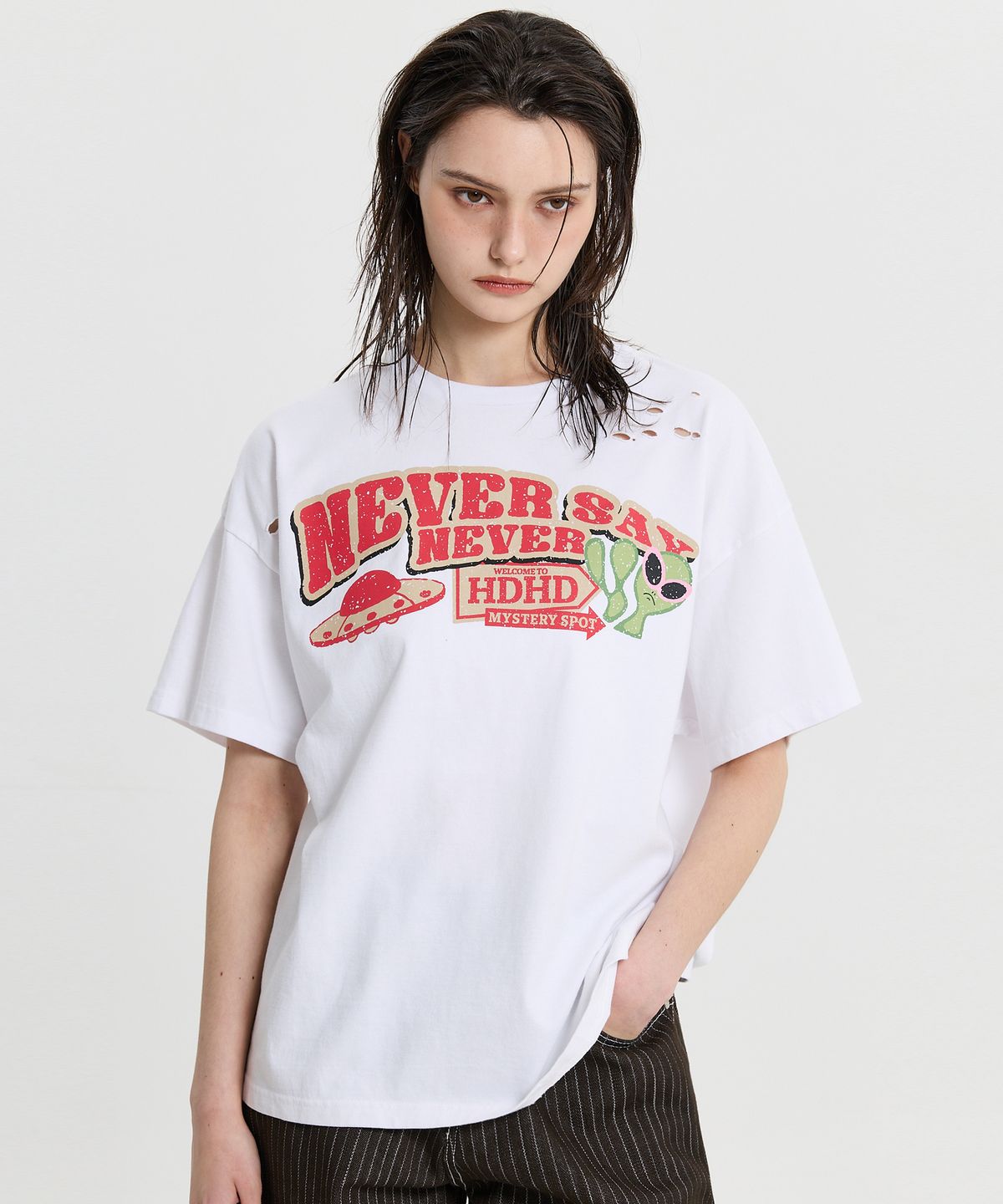 후드후드(HOODHOOD) NEVER SAY NEVER 데미지 반팔티셔츠 화이트