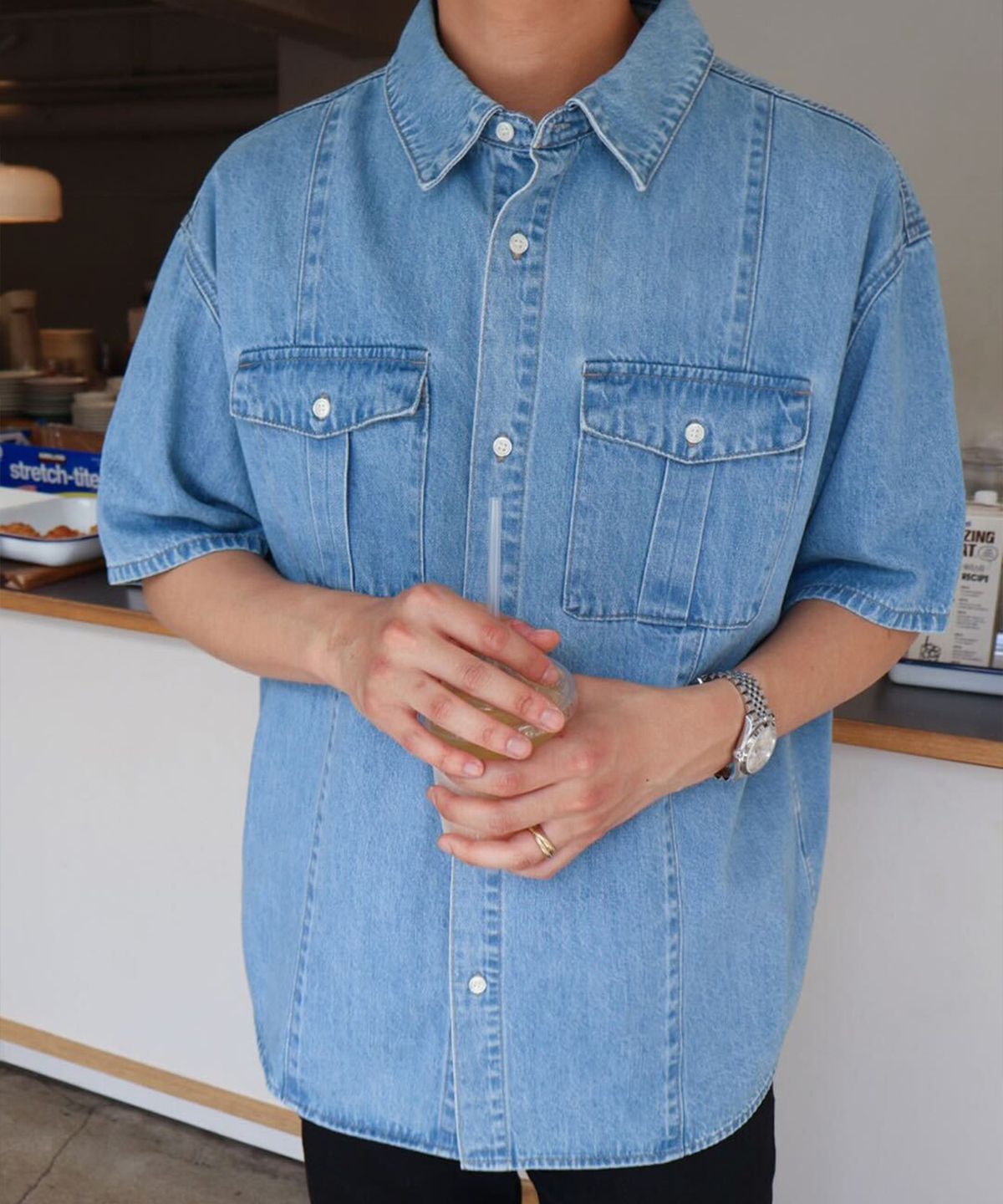 플랙(PLAC) 스티치 포켓 데님 반팔 셔츠 미드 블루