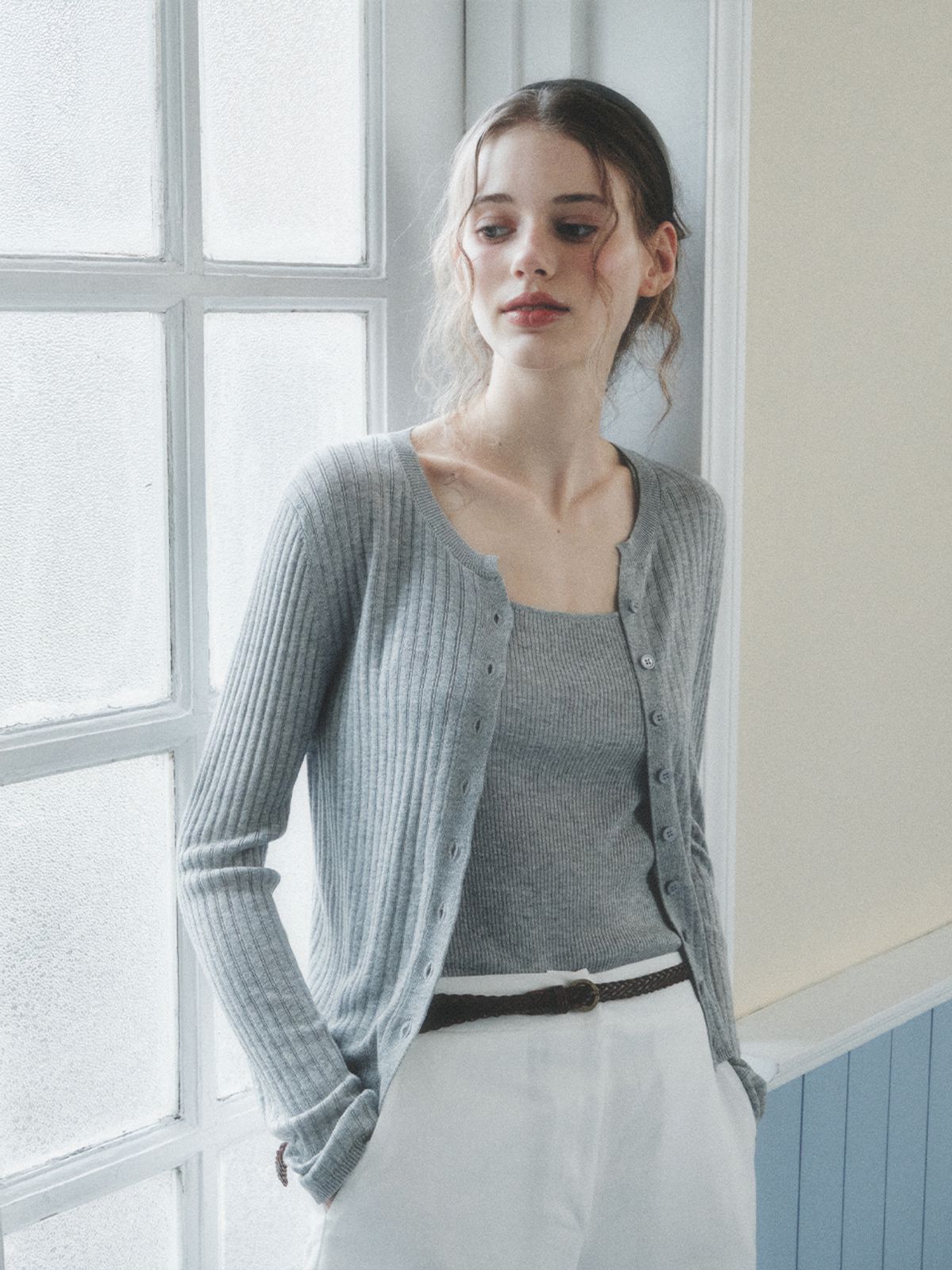 르니나(LENINA) VERA metal knit sleeveless cardigan SET_GRAY