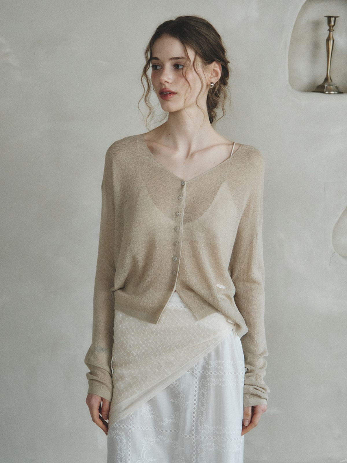 르니나(LENINA) COLIN linen sheer knit cardigan_KHAKI