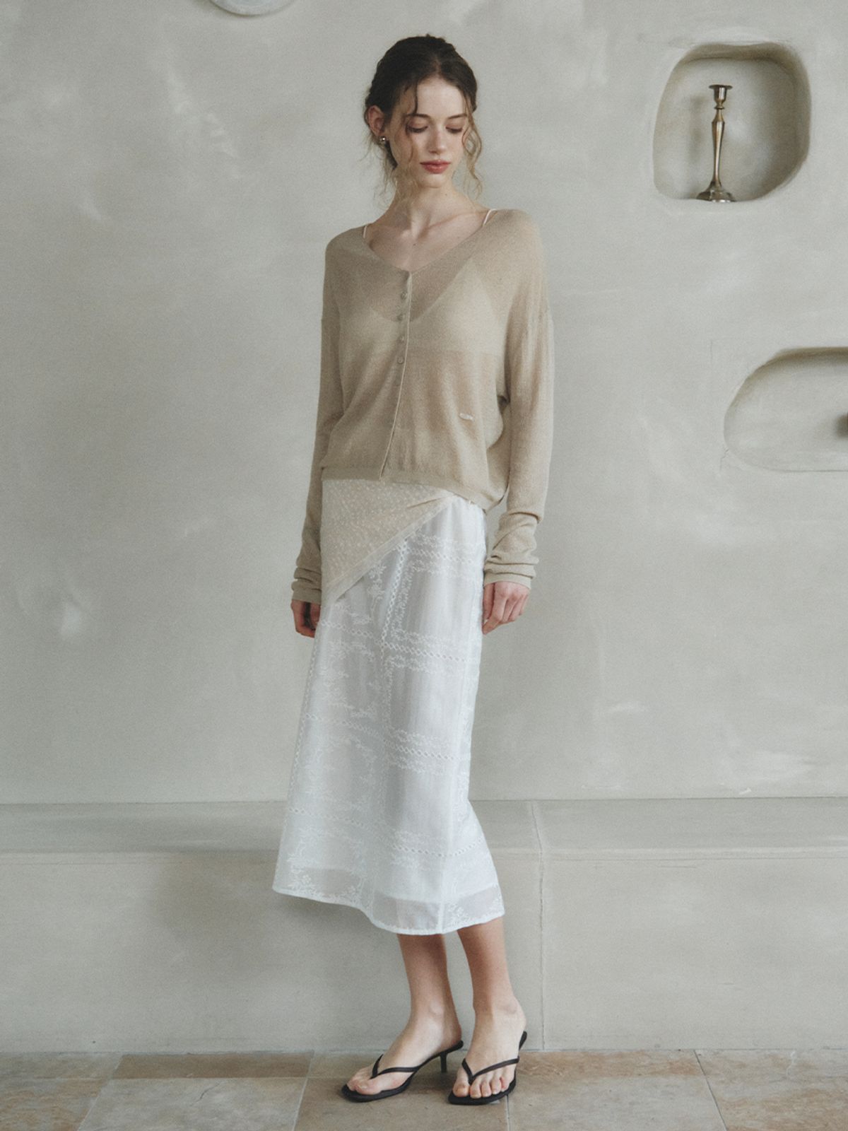 르니나(LENINA) COLIN linen sheer knit cardigan_KHAKI