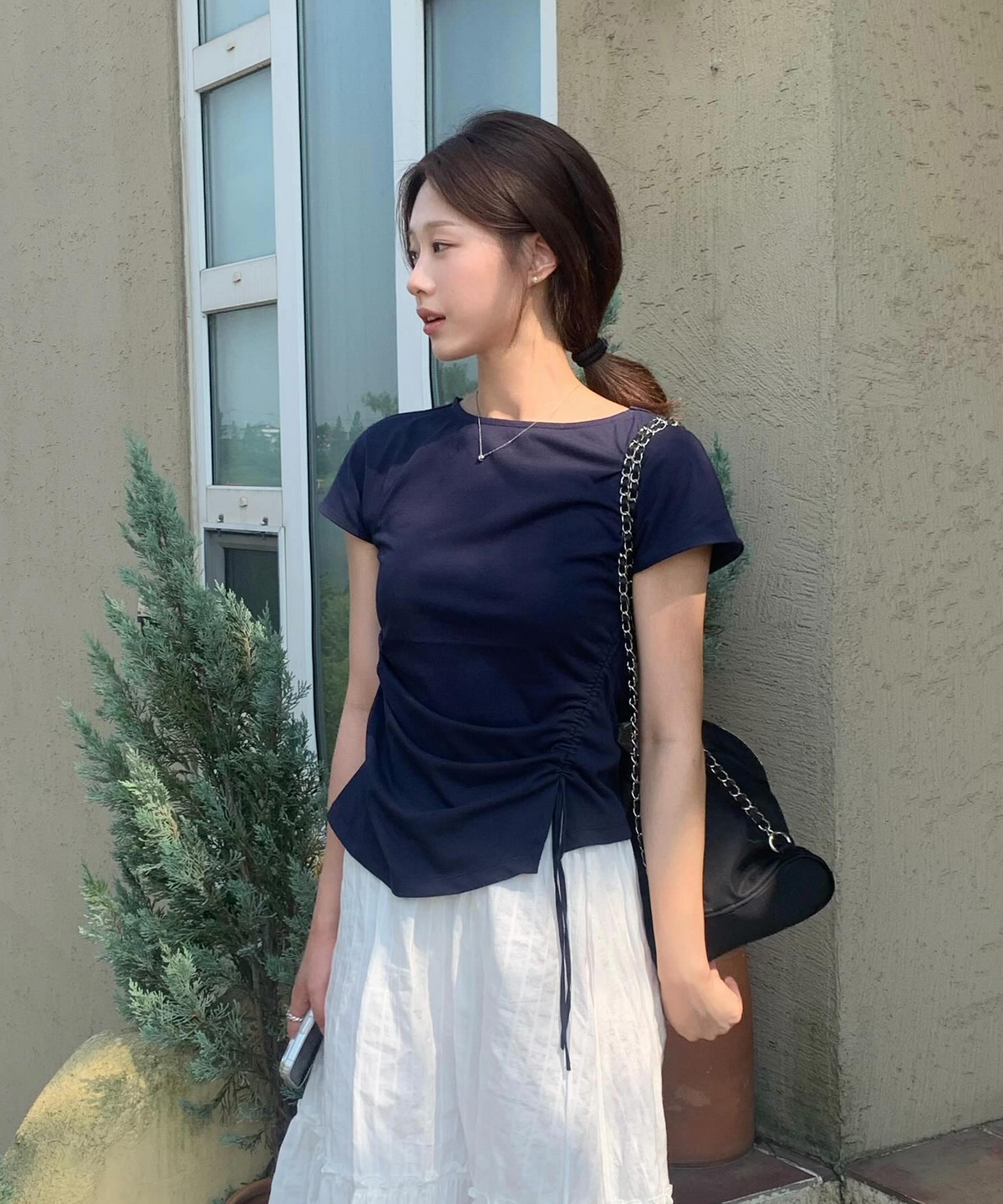 튜드먼트(TTUDEMENT) STRAP SHIRRING T-SHIRT_DARK NAVY