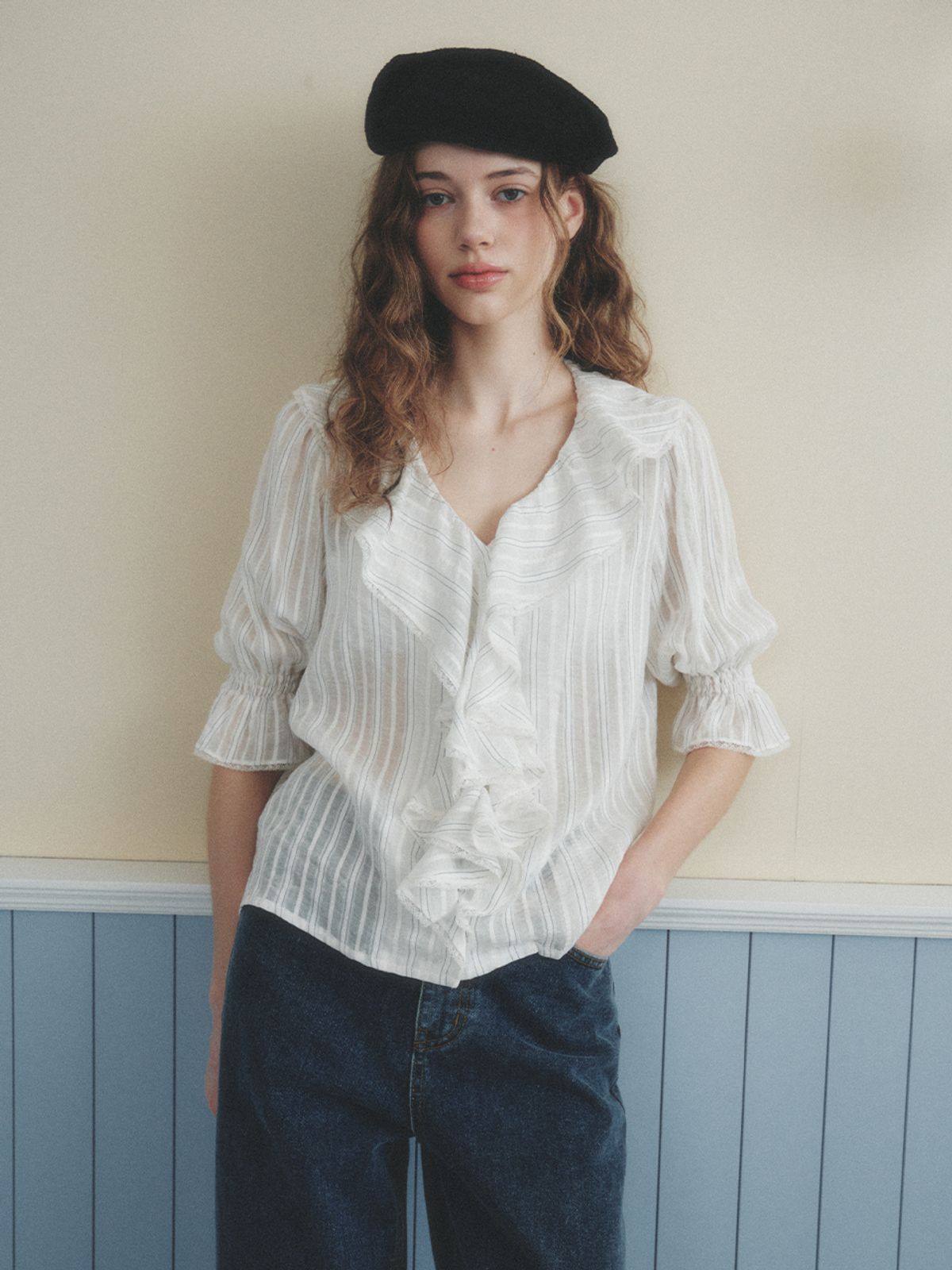 르니나(LENINA) AMELIE frill puff blouse_IVORY STRIPE