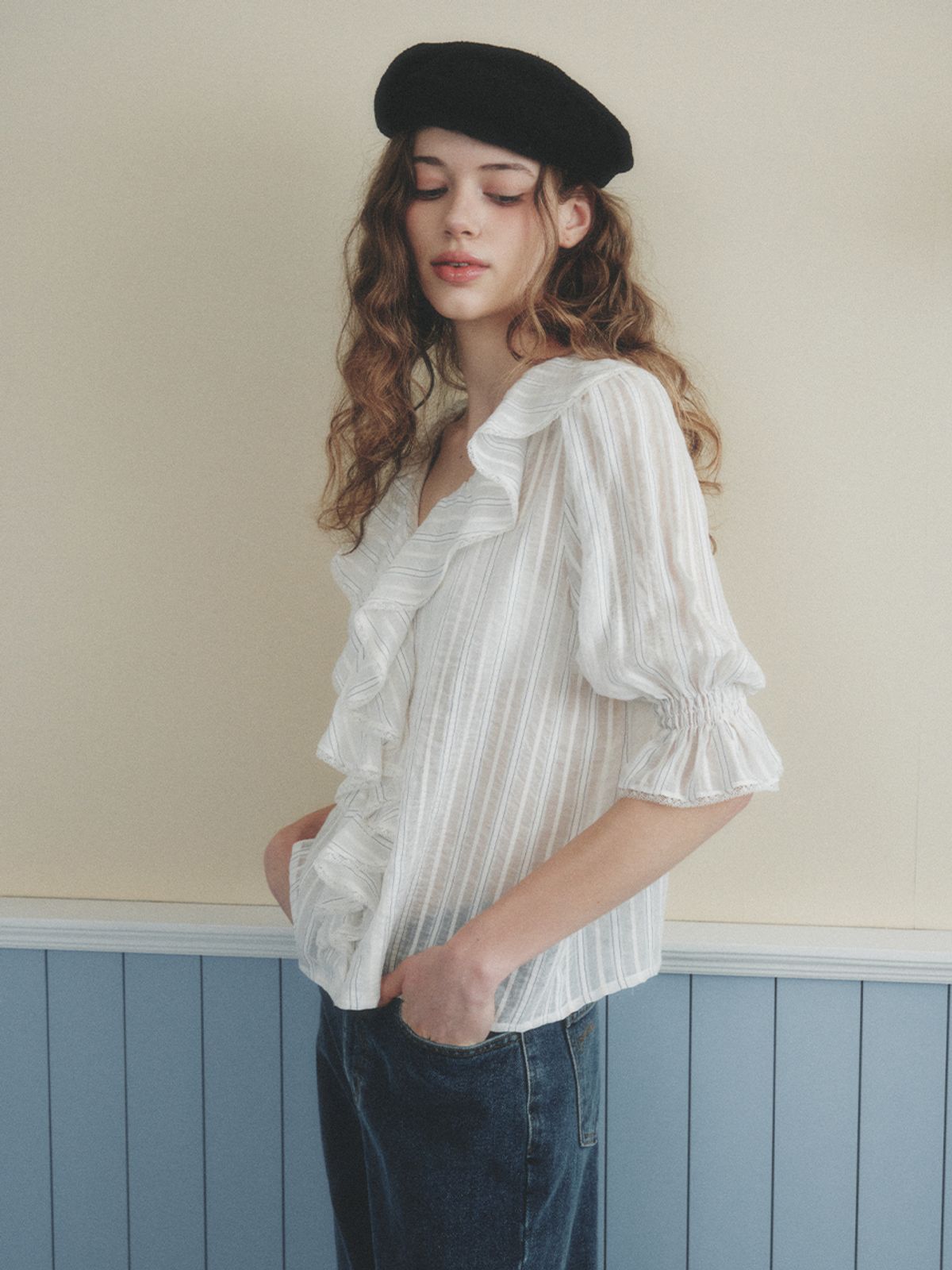 르니나(LENINA) AMELIE frill puff blouse_IVORY STRIPE