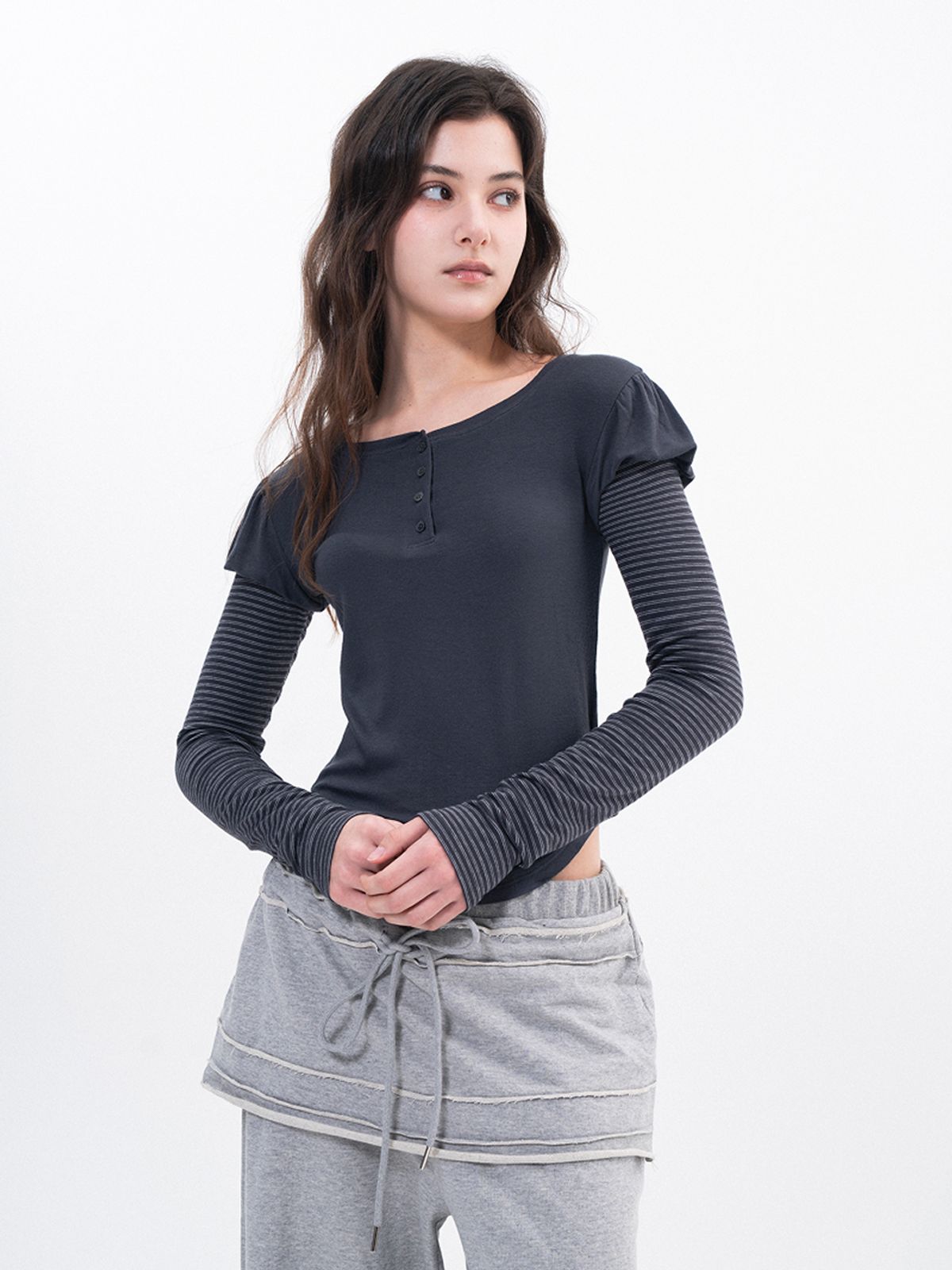 루펀(LOOFUN) Layerd Stripe Long Sleeve / 레이어드 스트라이프 롱 슬리브 [Charcoal]