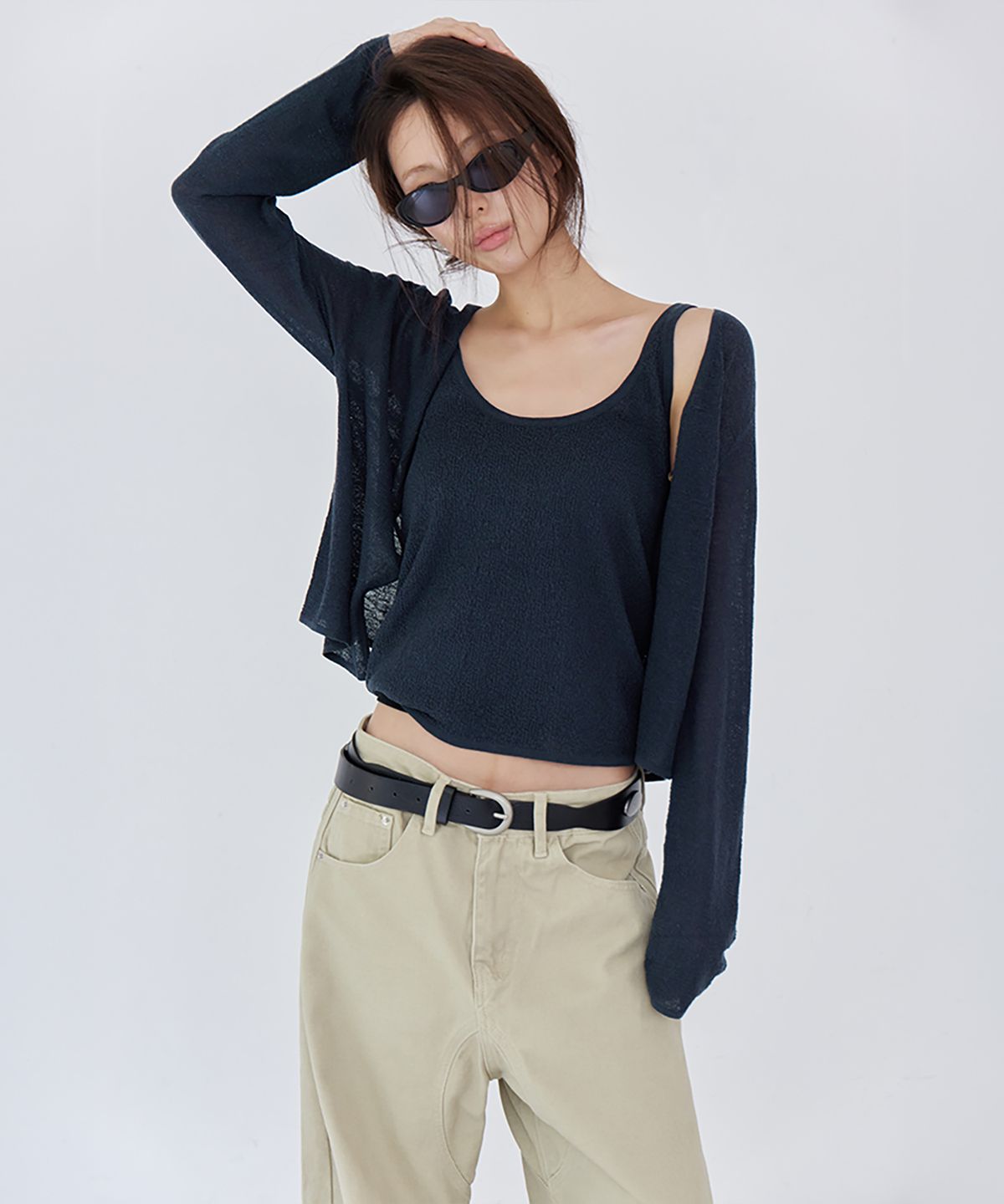 런던다다(LONDONDADA) 2-Piece Knit Cardigan Set, NAVY