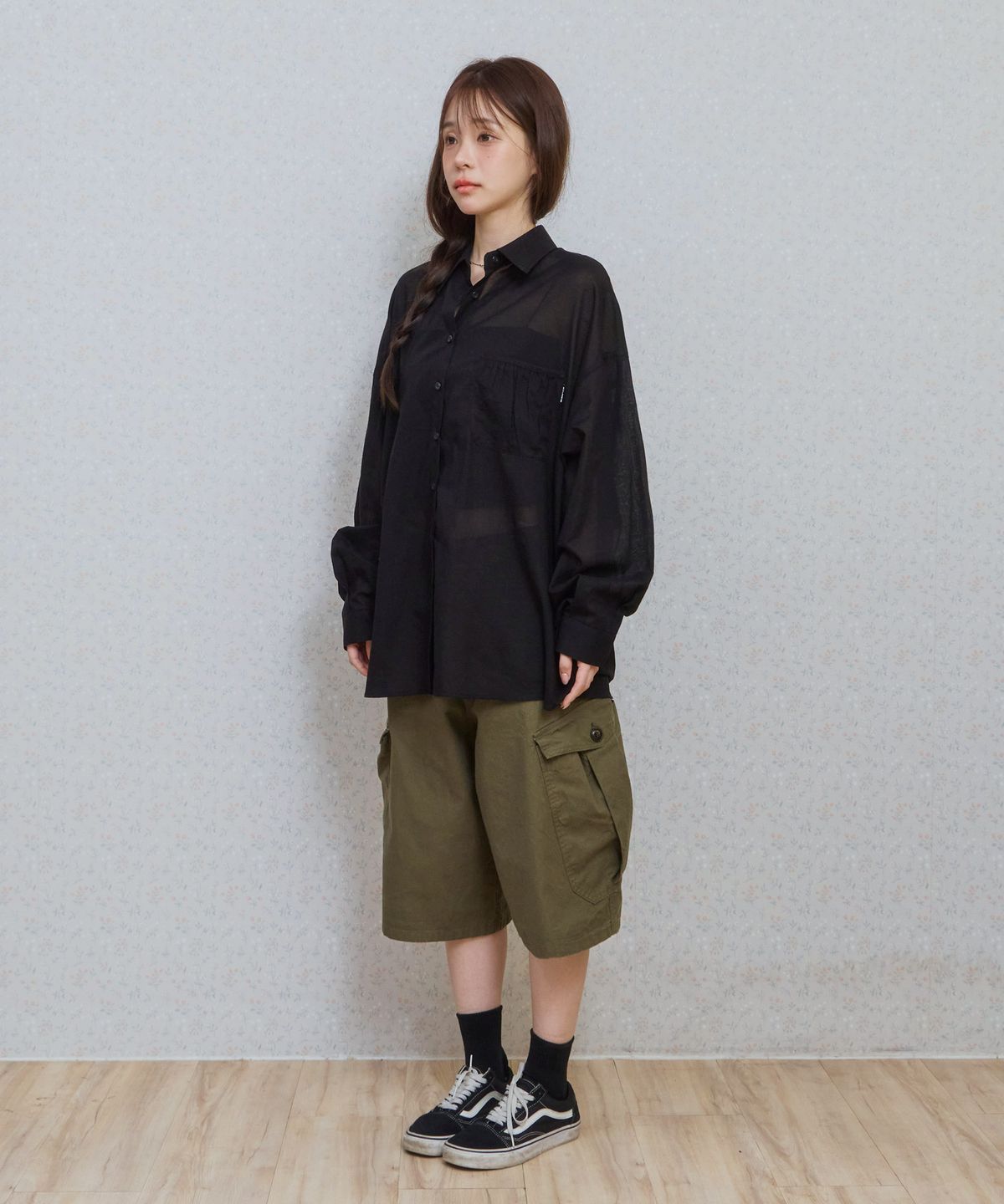 키지코(KIJIKO) ke206. Shirring Pocket Overfit Shirt Black