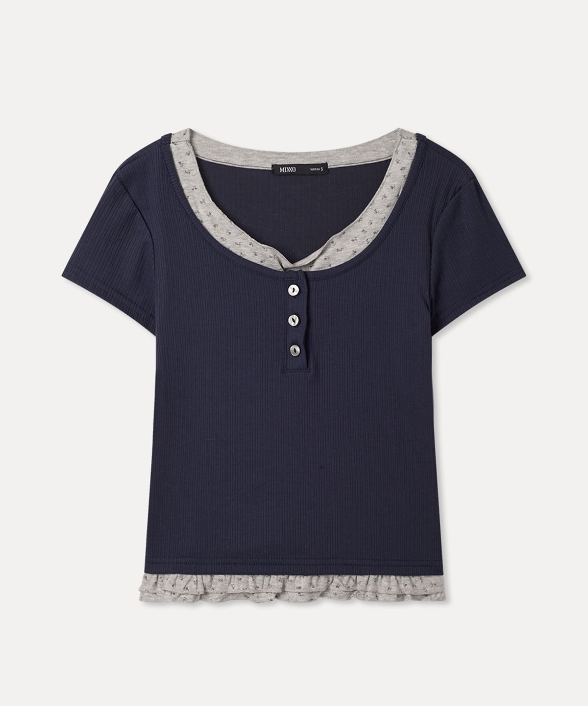 미쏘(MIXXO) 패턴 프릴 레이어드 티셔츠 RE LWG412A_MIWHWG50QA