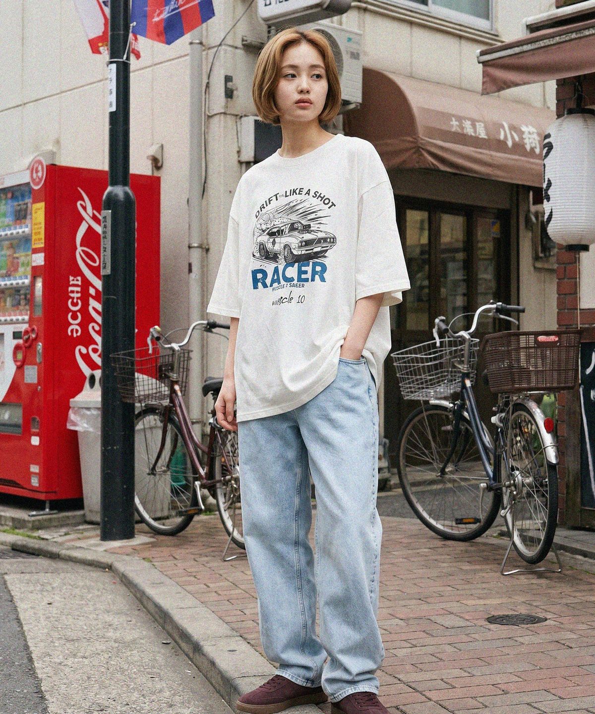 모더먼트(MODERMENT) 리얼오버핏 레이서 반팔 티셔츠 [화이트]