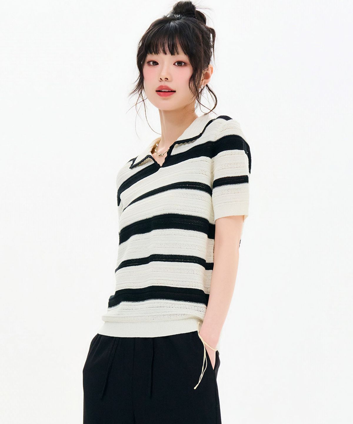체이스컬트(CHASECULT) 여성 스트라이프 오픈카라 반팔 썸머 니트-FBRG5672D0A