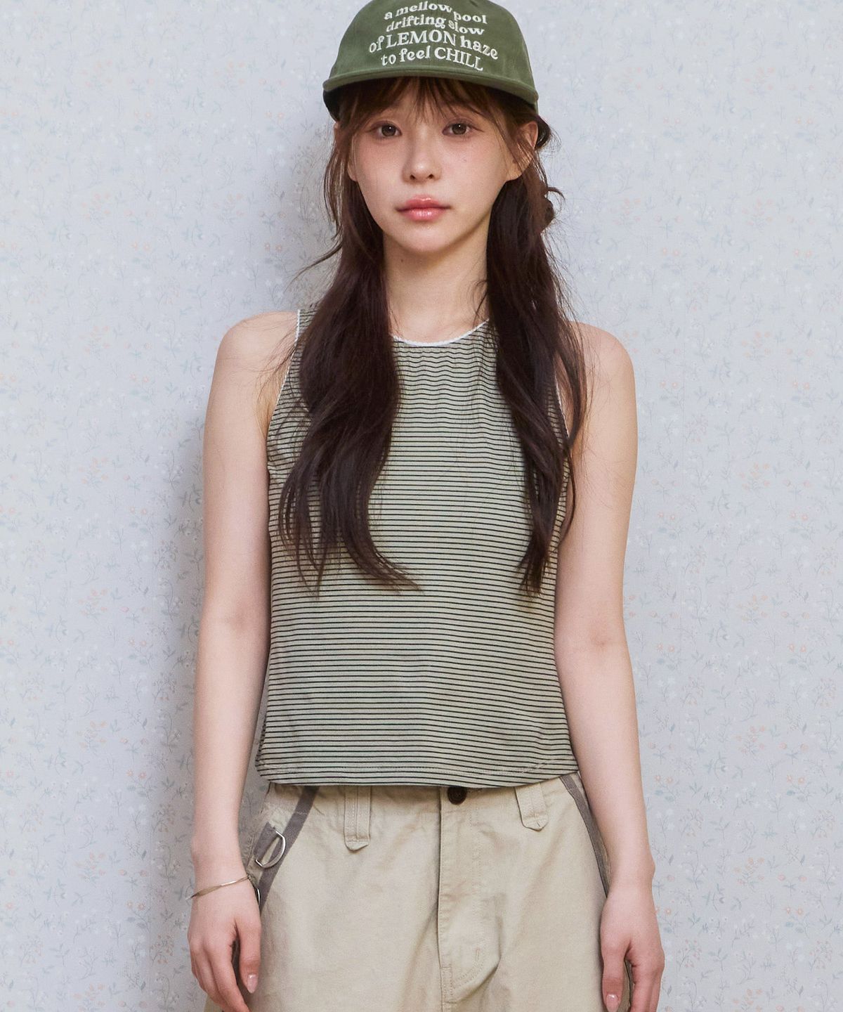 키지코(KIJIKO) ke502. Stripe Lace Sleeveless Khaki
