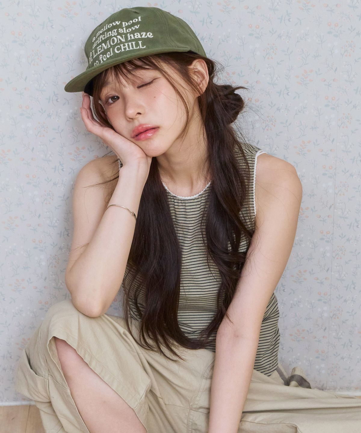 키지코(KIJIKO) ke502. Stripe Lace Sleeveless Khaki