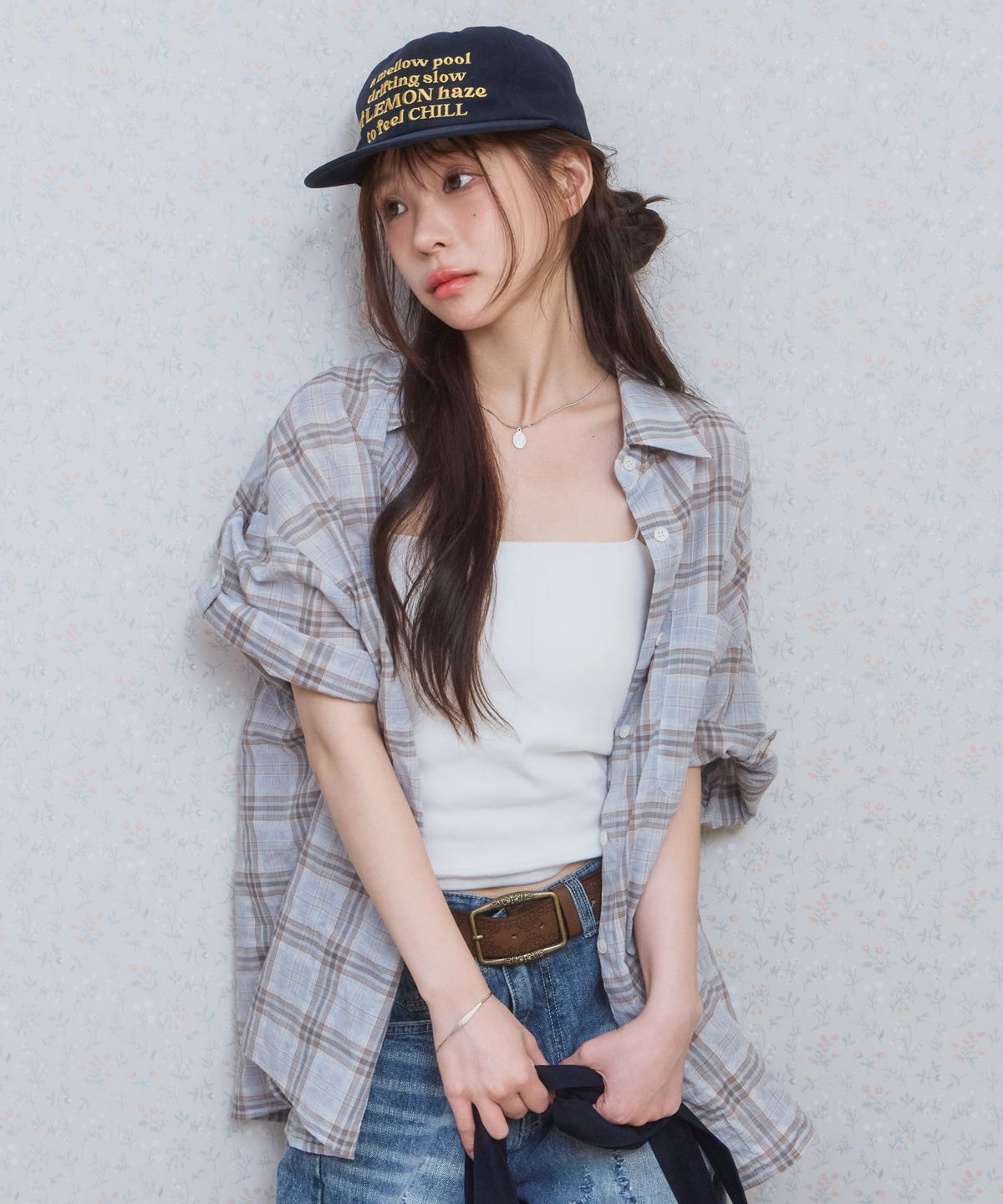 키지코(KIJIKO) ke208. Overfit Check Roll Up Half Shirt Light Blue