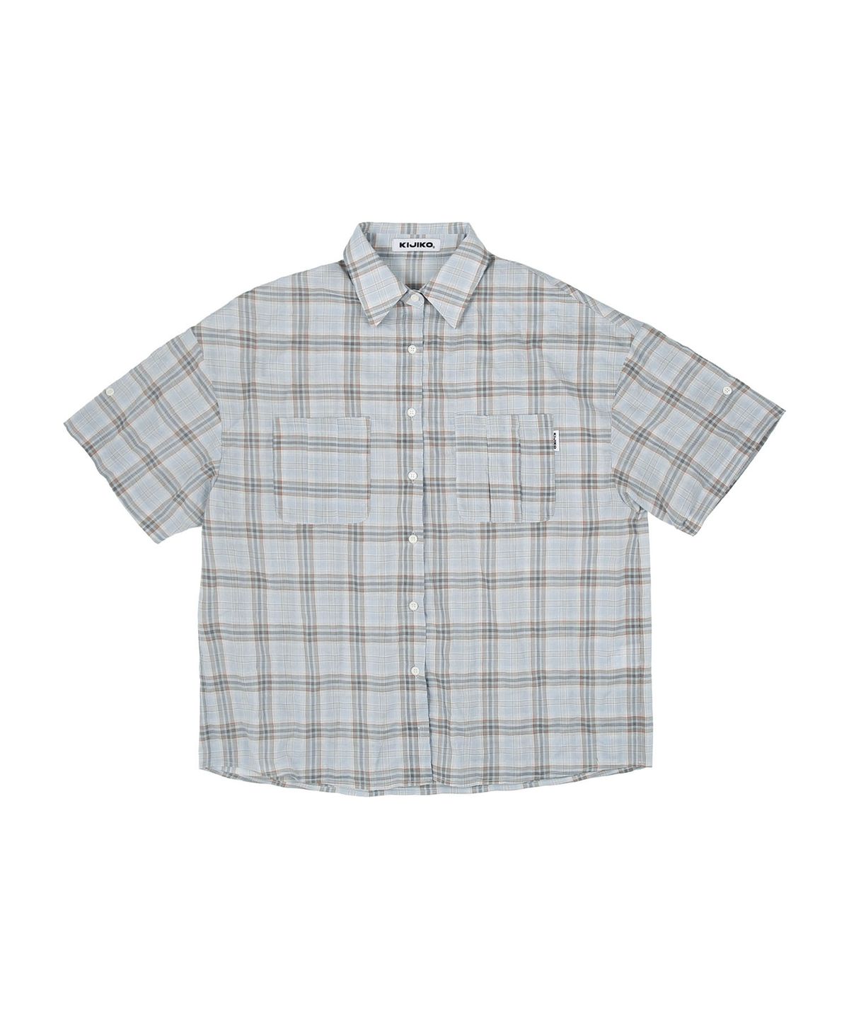 키지코(KIJIKO) ke208. Overfit Check Roll Up Half Shirt Light Blue