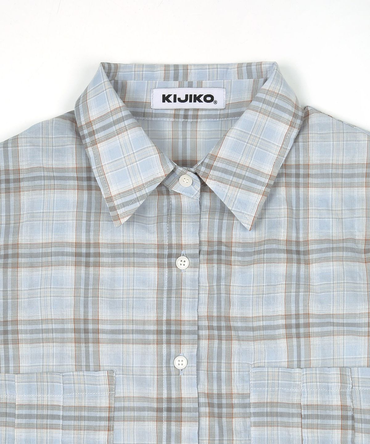 키지코(KIJIKO) ke208. Overfit Check Roll Up Half Shirt Light Blue