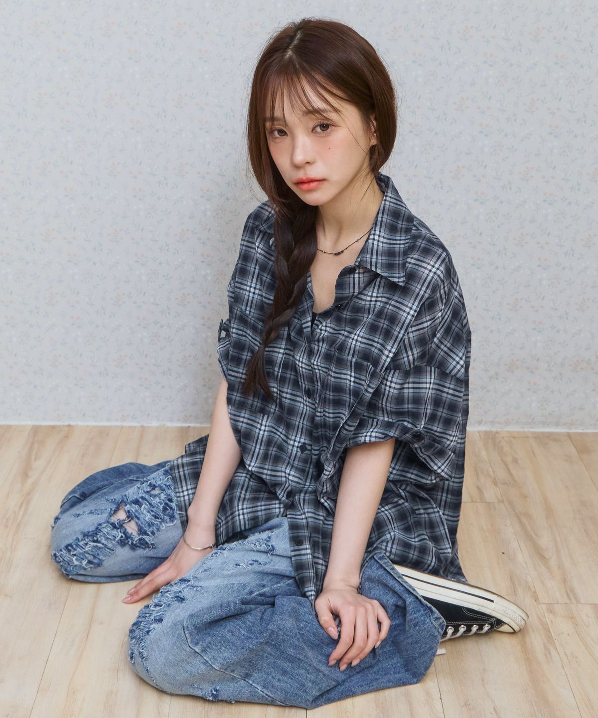 키지코(KIJIKO) ke208. Overfit Check Roll Up Half Shirt Navy