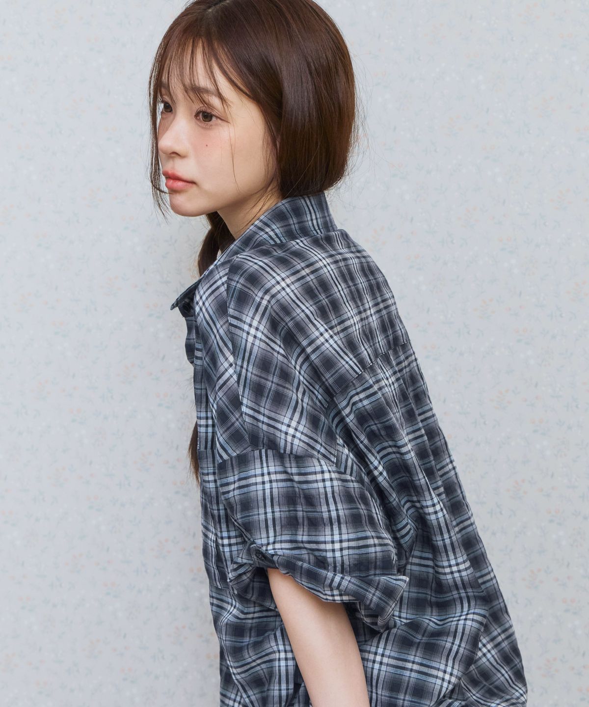 키지코(KIJIKO) ke208. Overfit Check Roll Up Half Shirt Navy