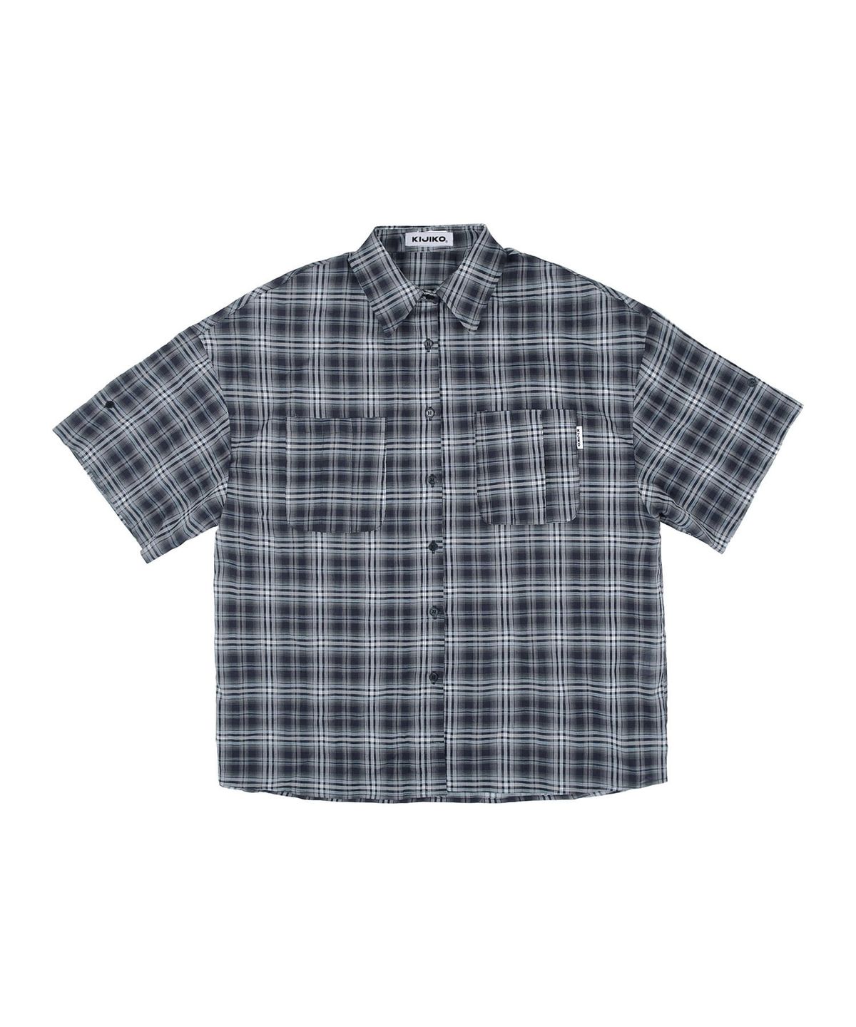 키지코(KIJIKO) ke208. Overfit Check Roll Up Half Shirt Navy